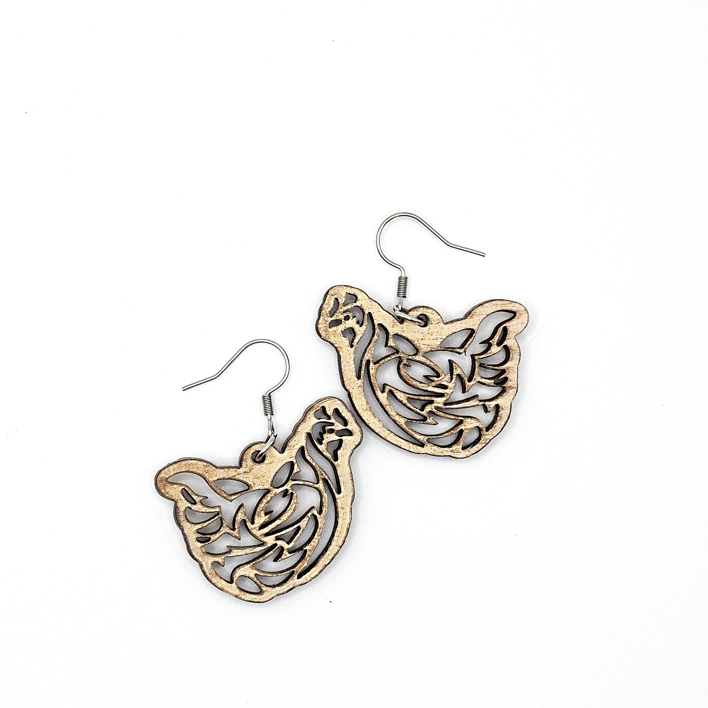 Rustic Hen Dangle Earrings | Laser Engraved | Surgical Steel - DEHPP14