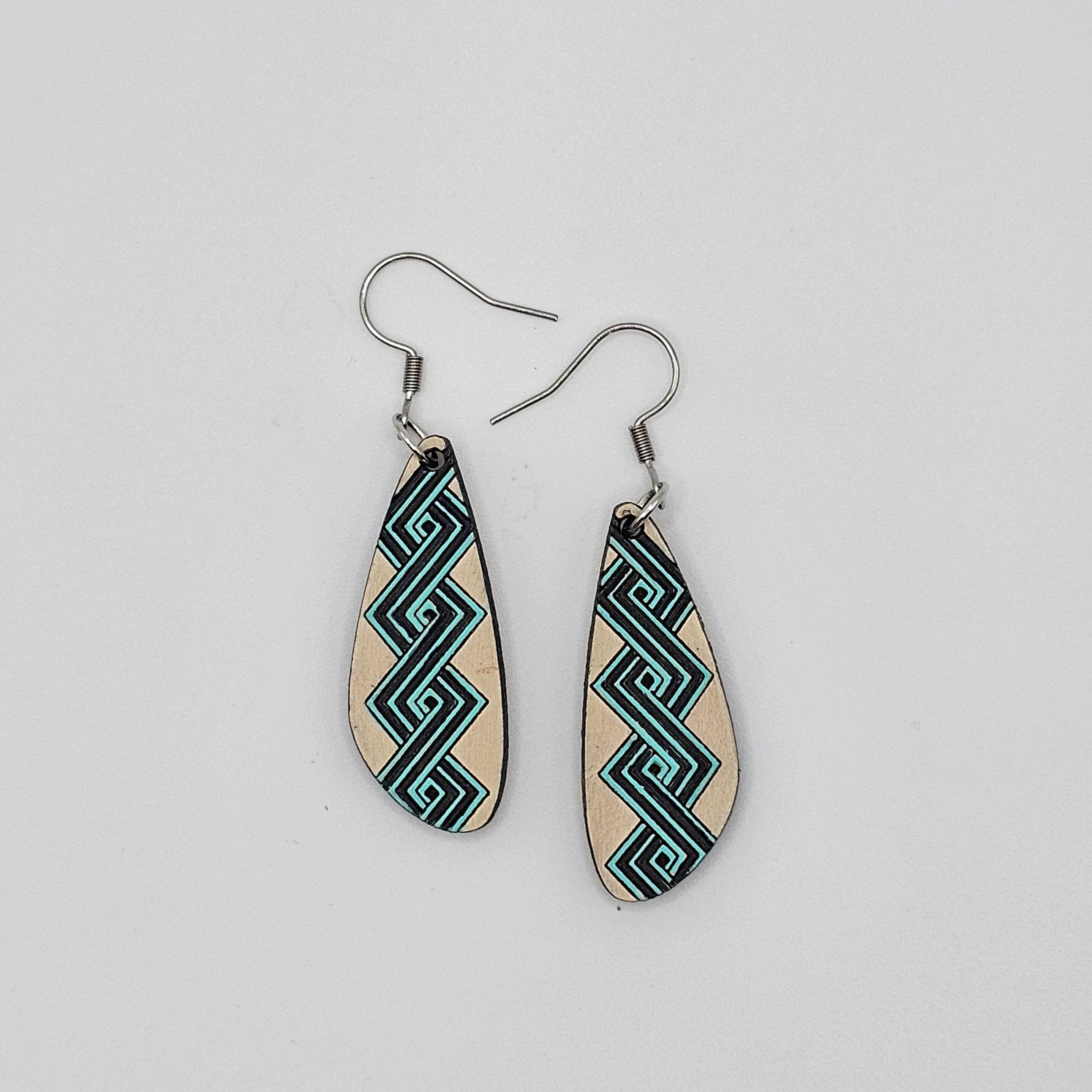 Greek Key Teardrop Dangle Earrings | Hand-Painted | Surgical Steel - DEHPP15