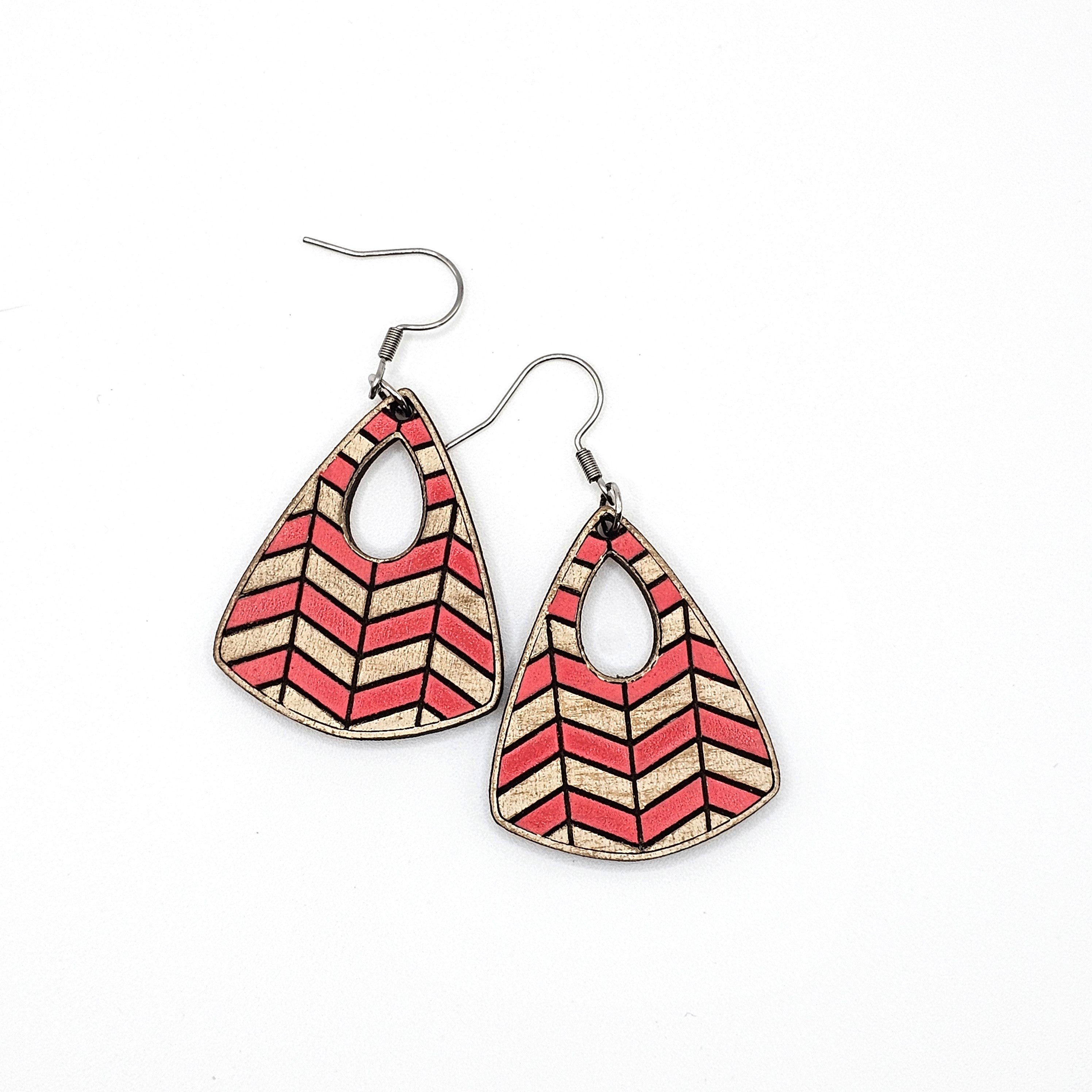 Coral Chevron Triangle Dangle Earrings | Hand-Painted | Surgical Steel - DEHPP18-LP