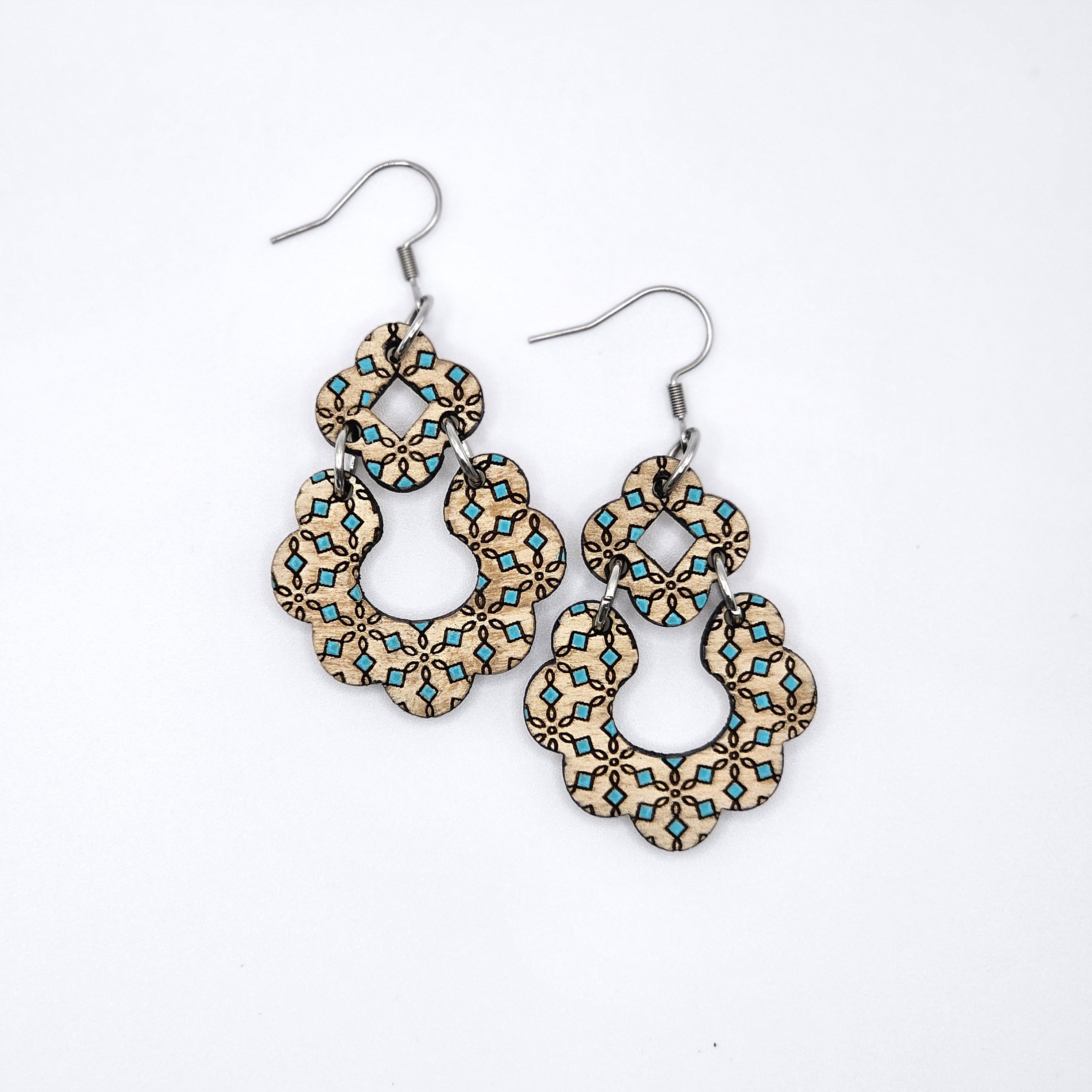 Turquoise Blossom Chandelier Earrings | Hand-Painted | Surgical Steel - DEHPP1-T