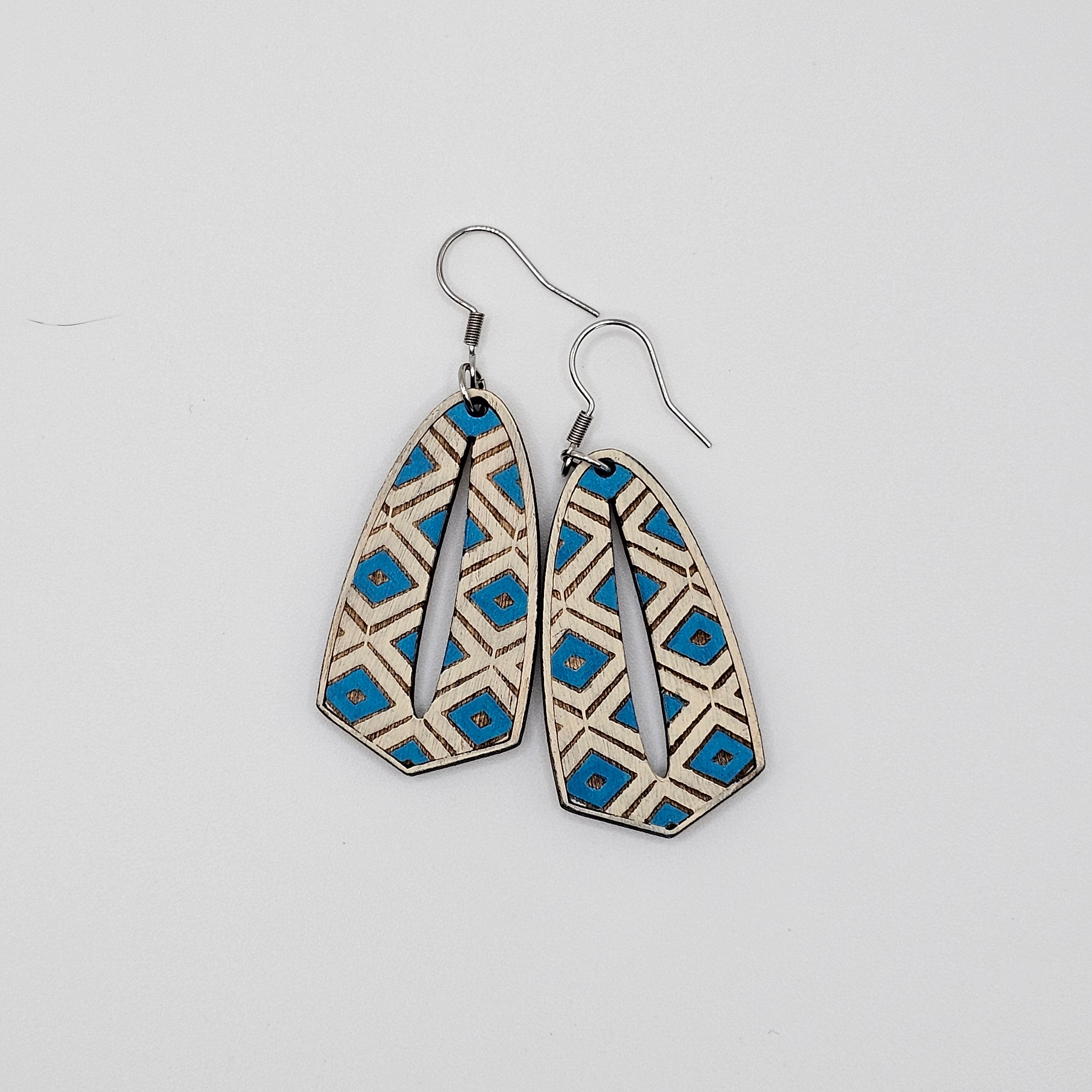 Turquoise Tribal Cutout Drop Earrings | Hand-Painted | Surgical Steel - DEHPP2-ST
