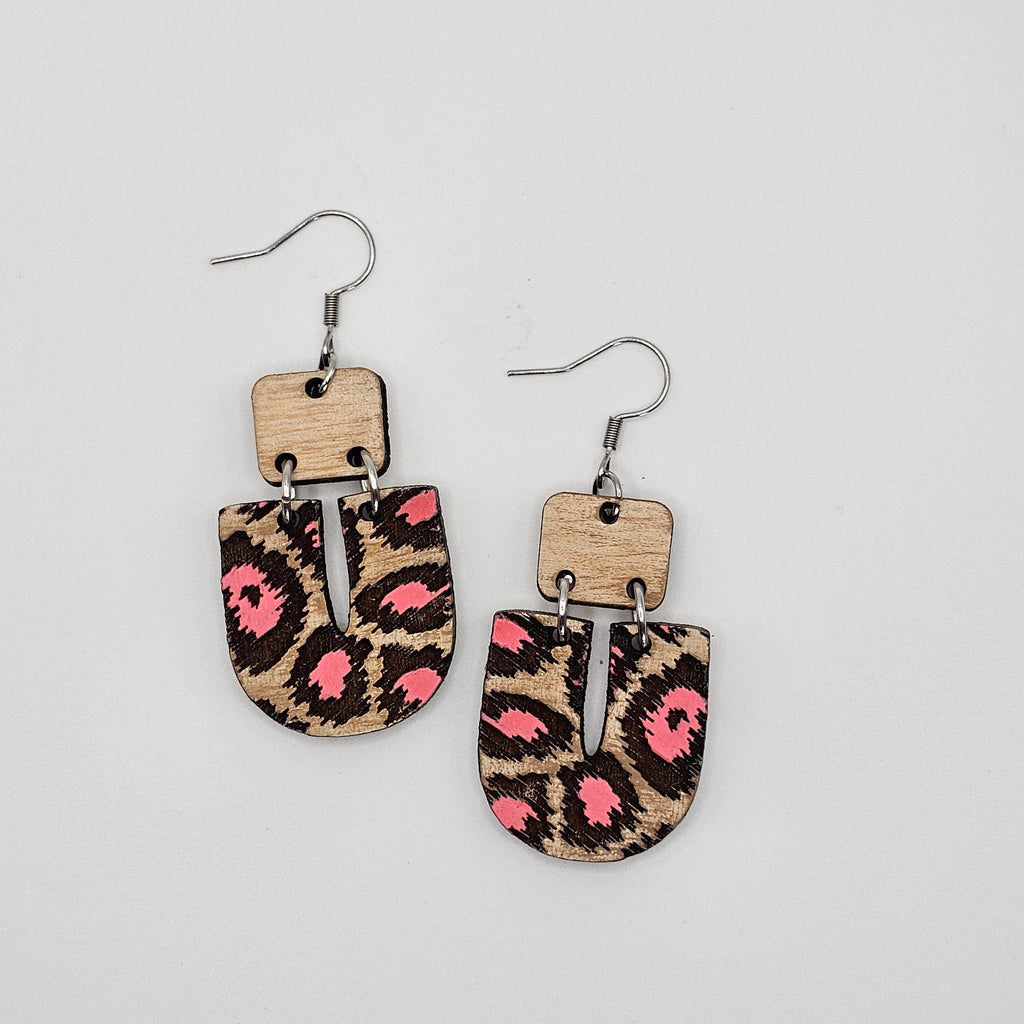 Pink Leopard Arch Dangle Earrings | Hand-Painted | Surgical Steel - DEHPP22