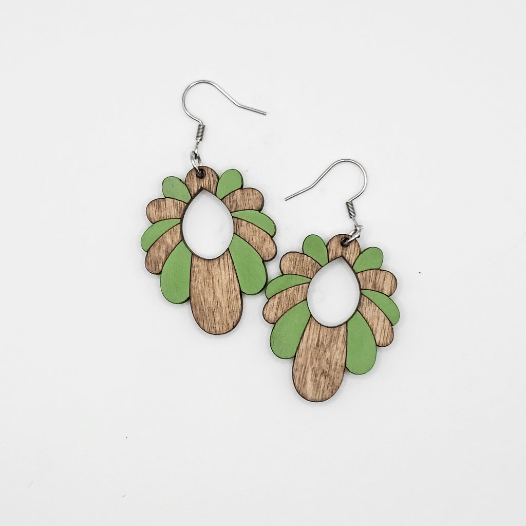 Squash Blossom Dangle Earrings | Sage Green | Laser Engraved Wood | Surgical Steel - DEHPP29