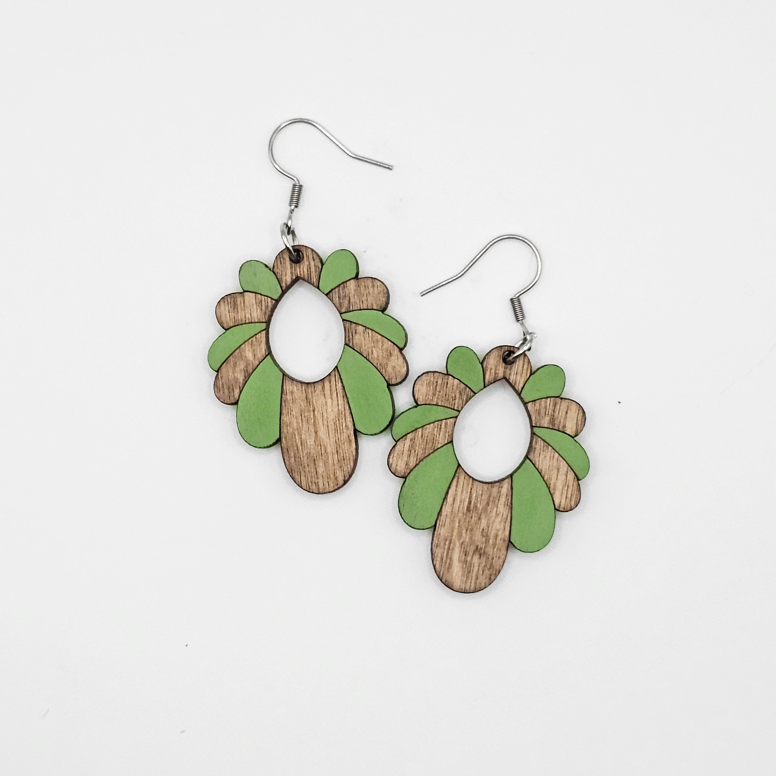 Squash Blossom Dangle Earrings | Sage Green | Laser Engraved Wood | Surgical Steel - DEHPP29