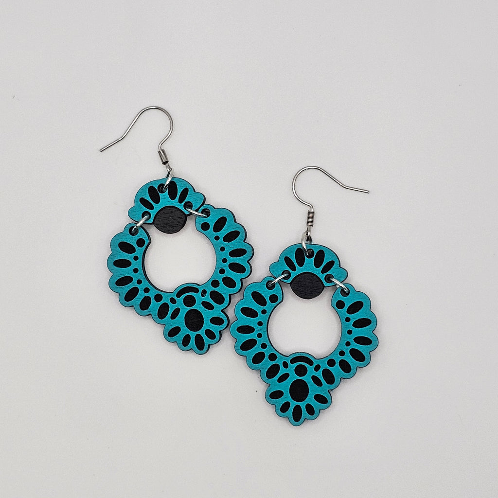 Turquoise Squash Blossom Dangle Earrings | Hand-Painted | Surgical Steel - DEHPP49