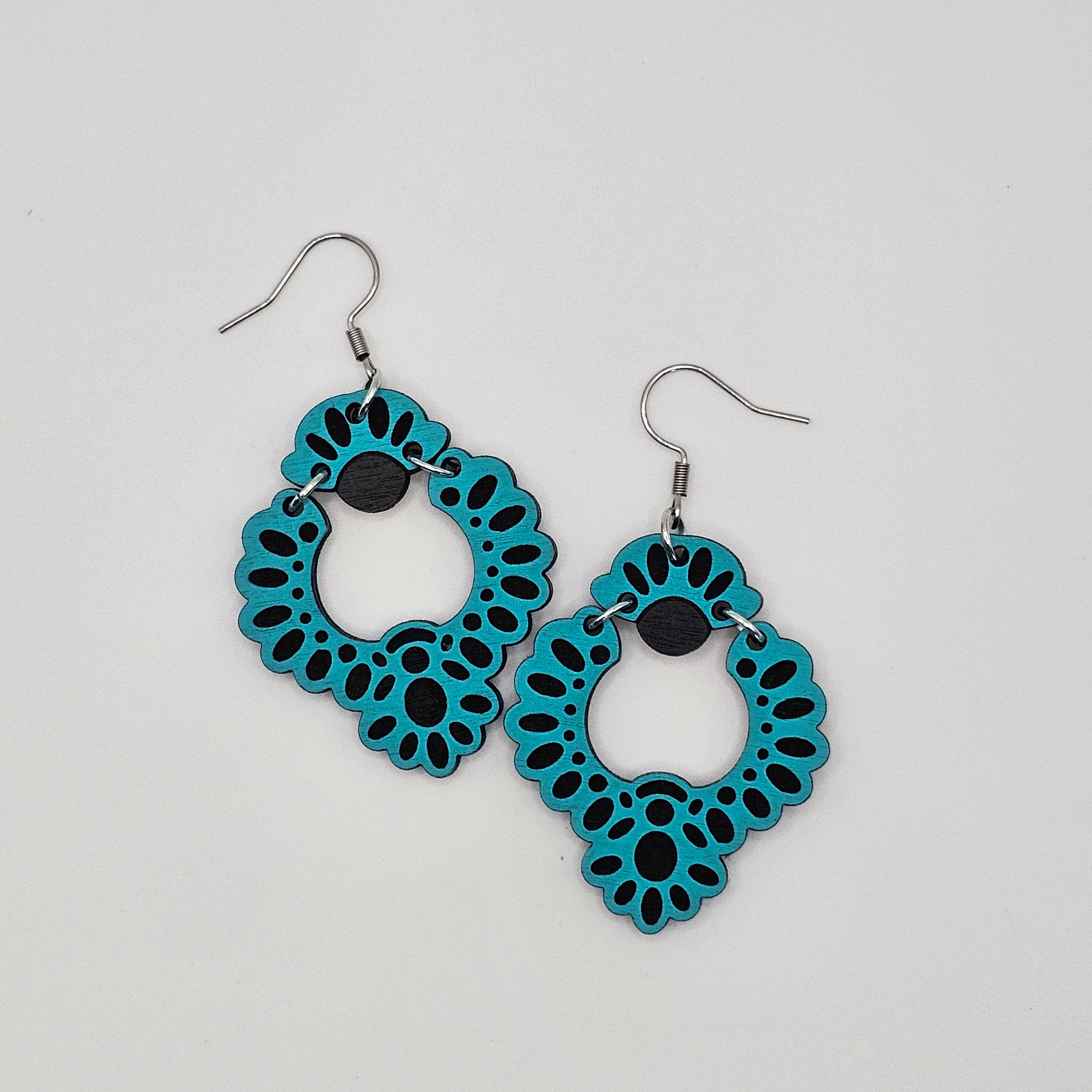 Turquoise Squash Blossom Dangle Earrings | Hand-Painted | Surgical Steel - DEHPP49