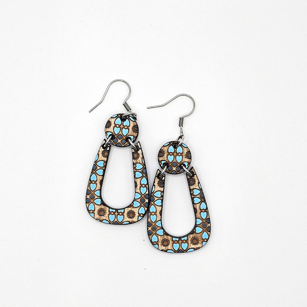 Denim Mosaic Hoop Dangle Earrings | Hand-Painted | Surgical Steel - DEHPP52-B