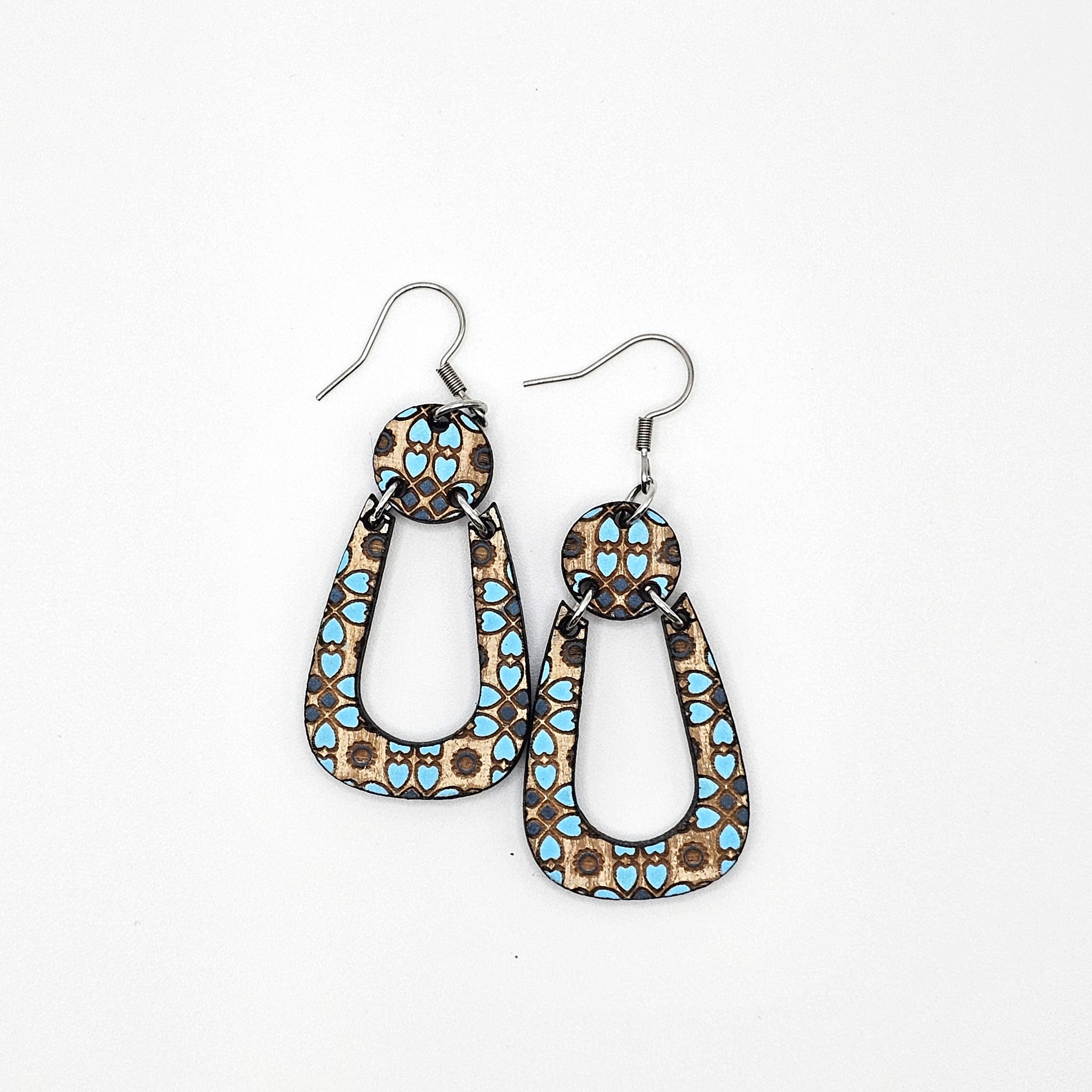 Denim Mosaic Hoop Dangle Earrings | Hand-Painted | Surgical Steel - DEHPP52-B