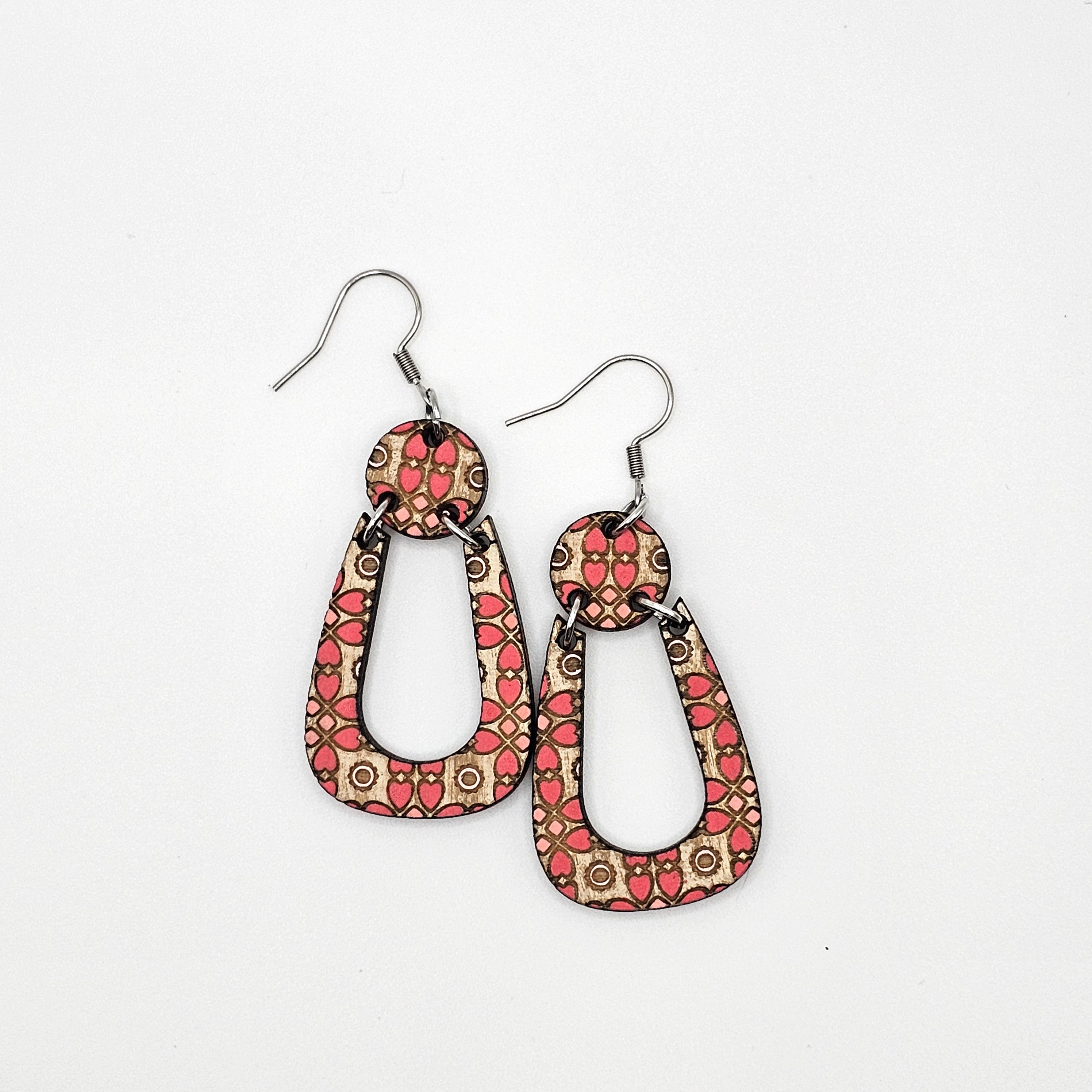 Coral Mosaic Hoop Dangle Earrings | Hand-Painted | Surgical Steel - DEHPP52-P