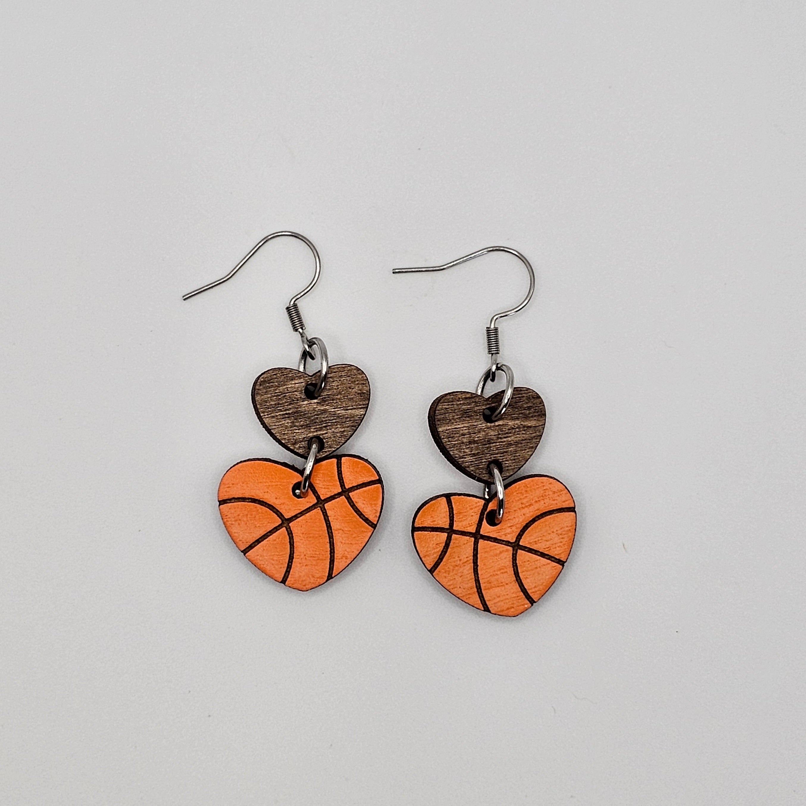 Basketball Heart Dangle Earrings | Laser Engraved Wood | Surgical Steel - DEHPP76