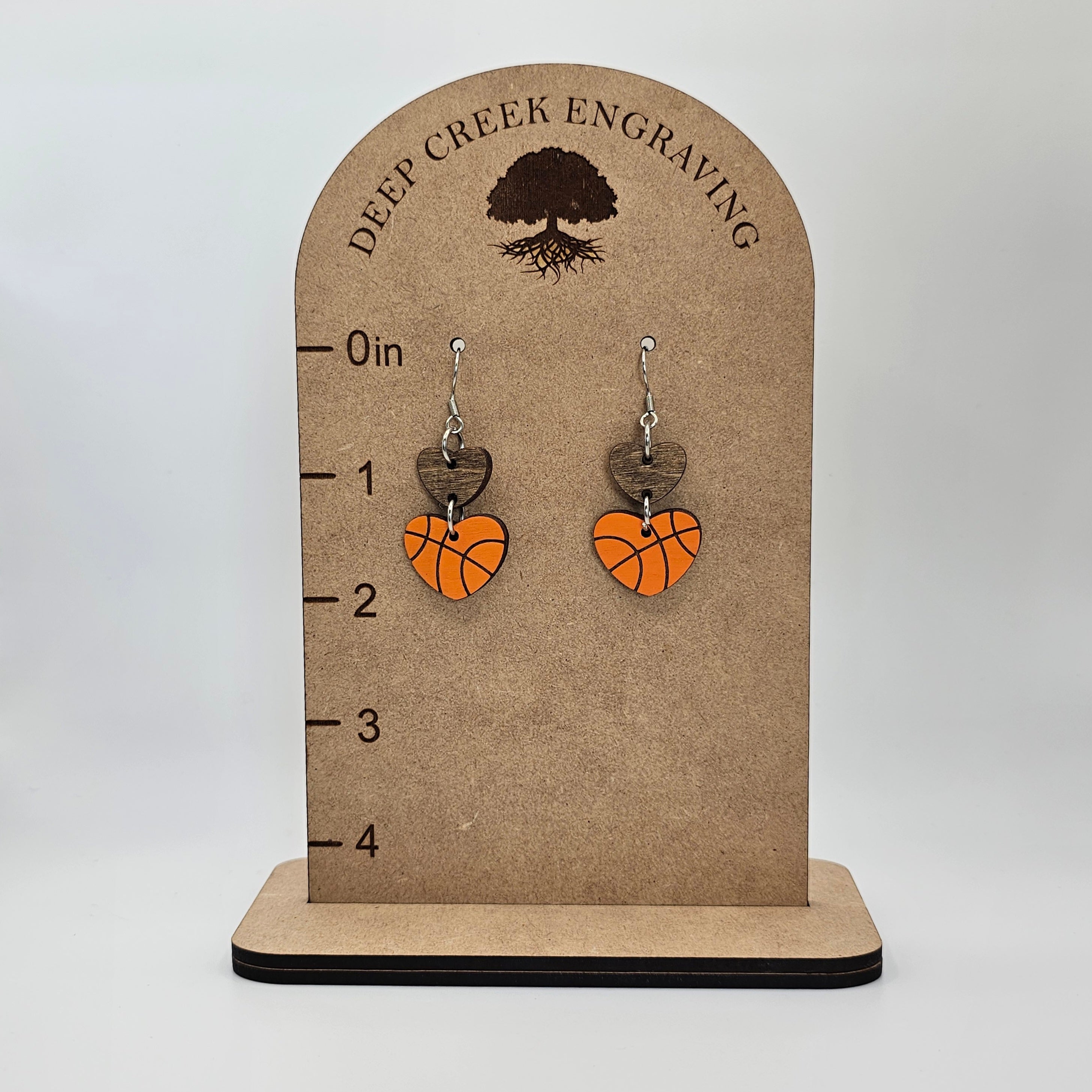 Basketball Heart Dangle Earrings | Laser Engraved Wood | Surgical Steel - DEHPP76