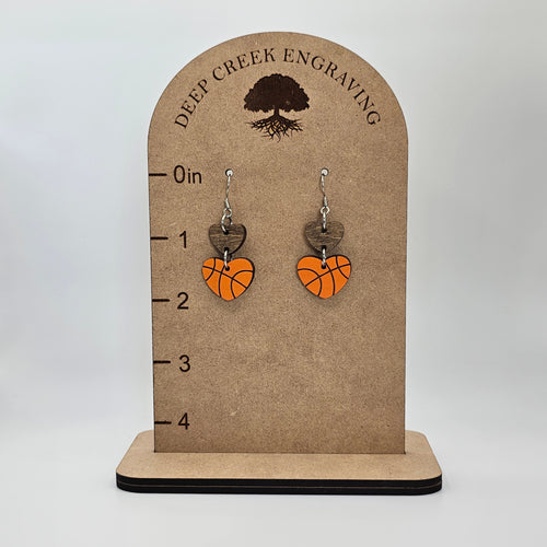 Basketball Heart Dangle Earrings | Laser Engraved Wood | Surgical Steel - DEHPP76