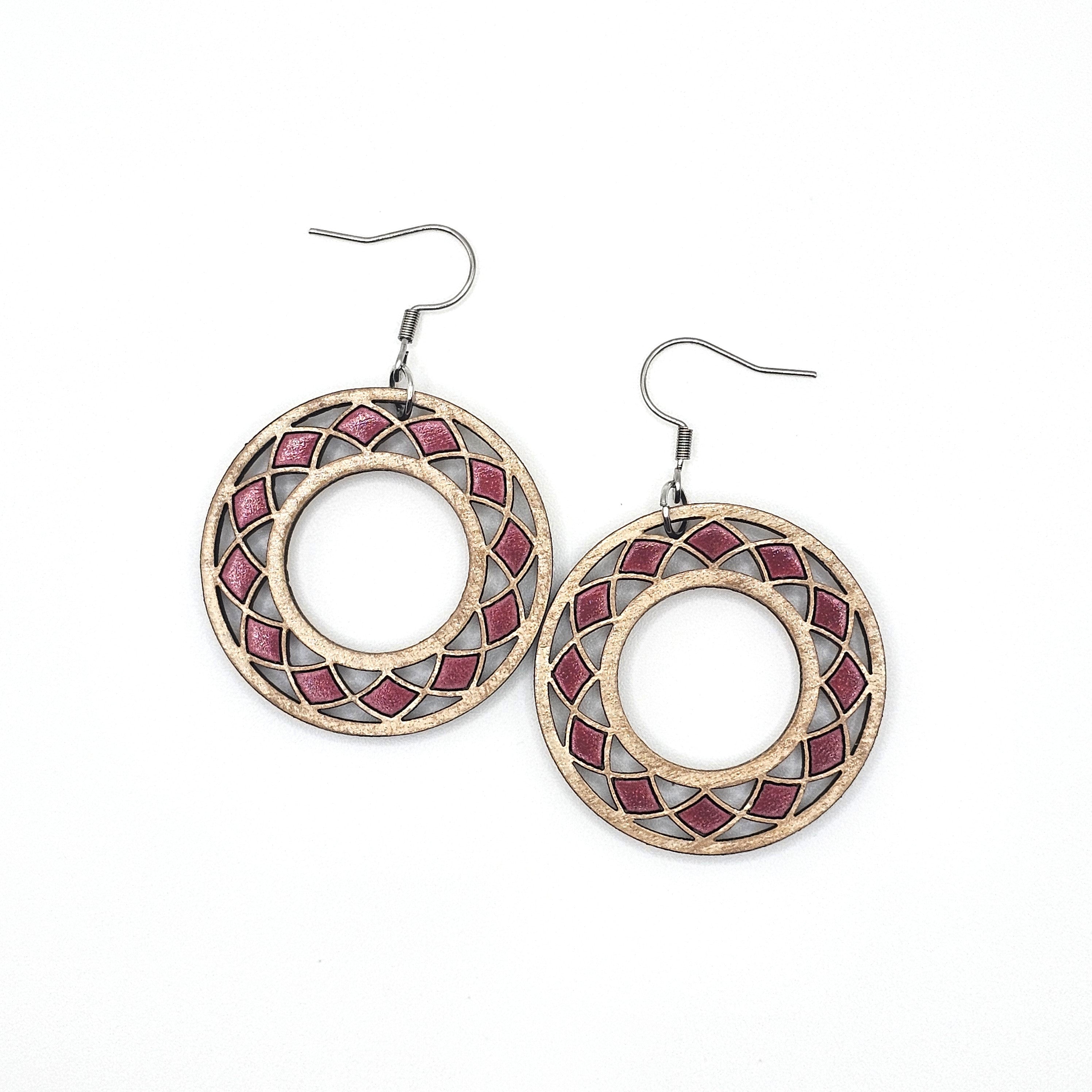 Crimson Mosaic Circle Dangle Earrings | Hand-Painted | Surgical Steel - DEHPP8-C