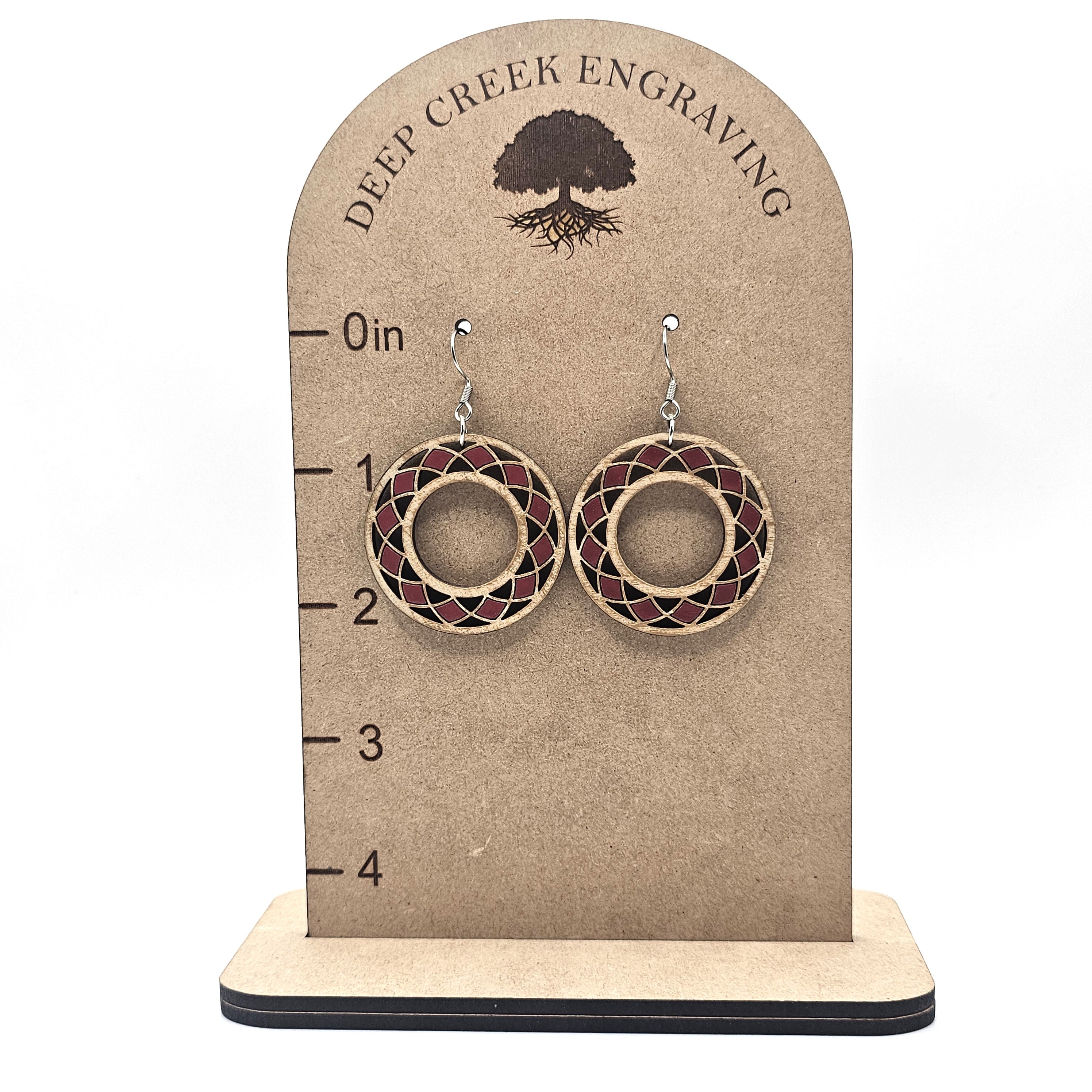 Crimson Mosaic Circle Dangle Earrings | Hand-Painted | Surgical Steel - DEHPP8-C