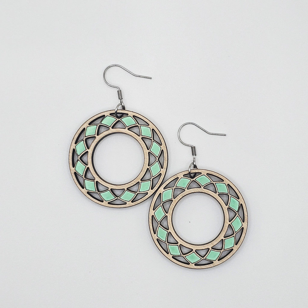 Peppermint Mosaic Circle Dangle Earrings | Hand-Painted | Surgical Steel - DEHPP8-P