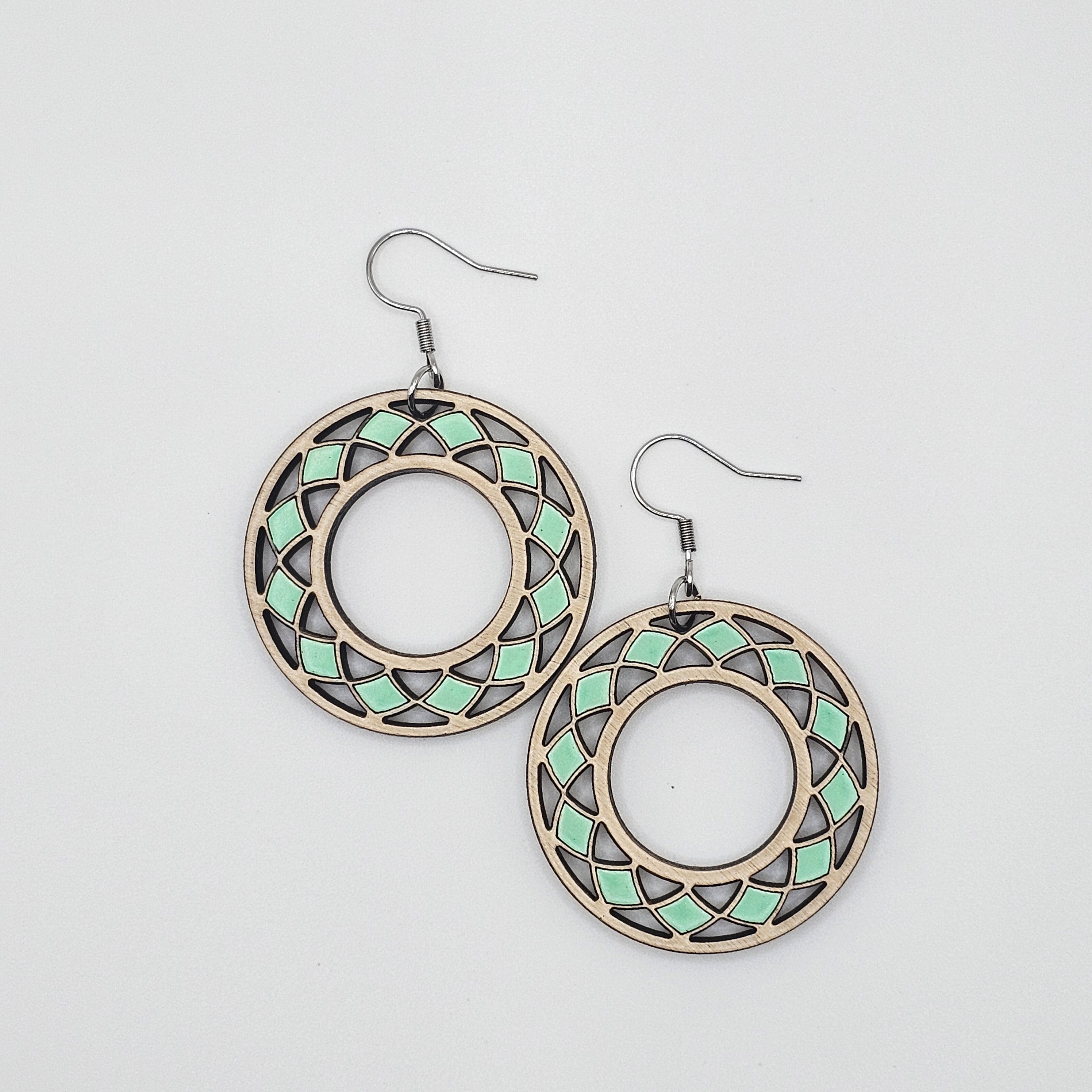 Peppermint Mosaic Circle Dangle Earrings | Hand-Painted | Surgical Steel - DEHPP8-P