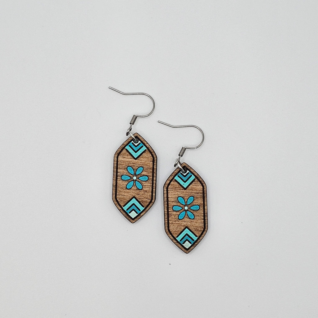 Turquoise Floral Diamond Dangle Earrings | Hand-Painted | Surgical Steel - DEHPP82