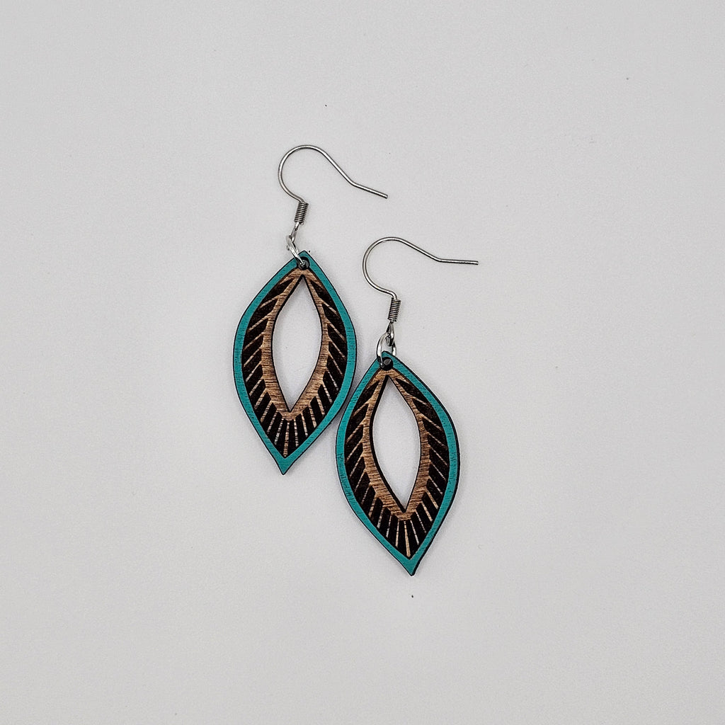 Turquoise Feather Leaf Dangle Earrings | Hand-Painted | Surgical Steel - DEHPP87