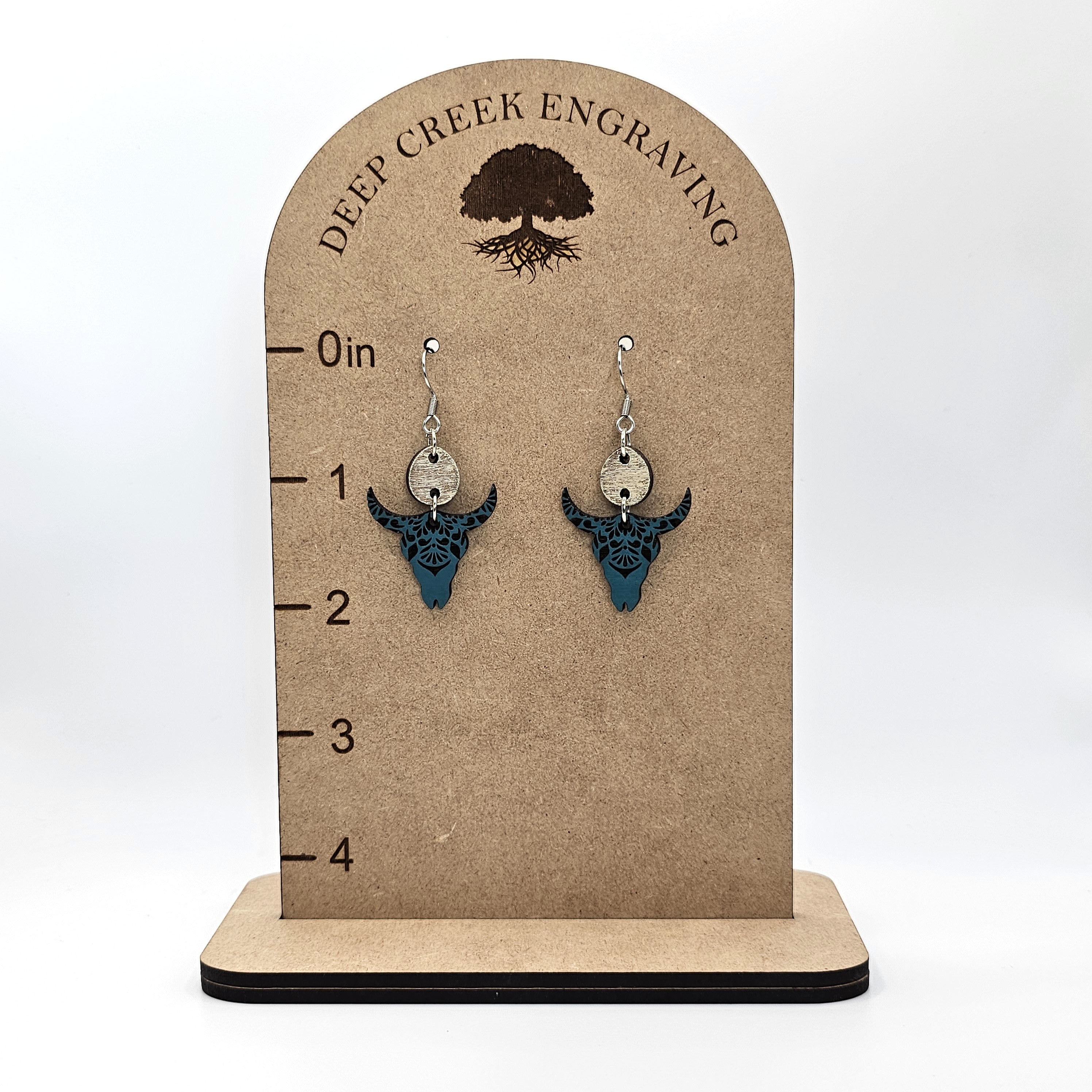 Turquoise Steer Skull Dangle Earrings | Hand-Painted | Surgical Steel - DEHPP89