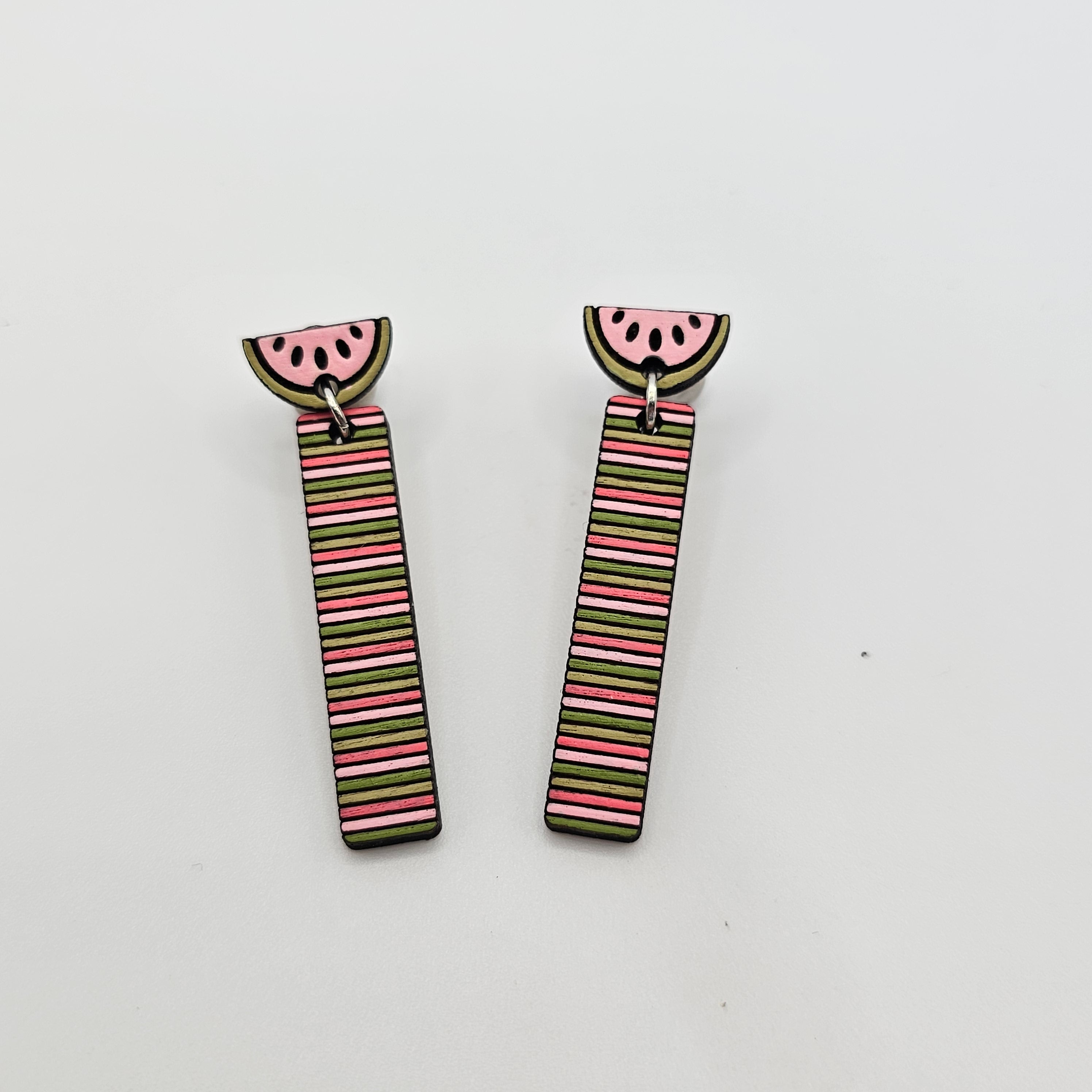 Watermelon Stripe Bar Dangle Earrings | Hand-Painted | Surgical Steel - DEHPP90