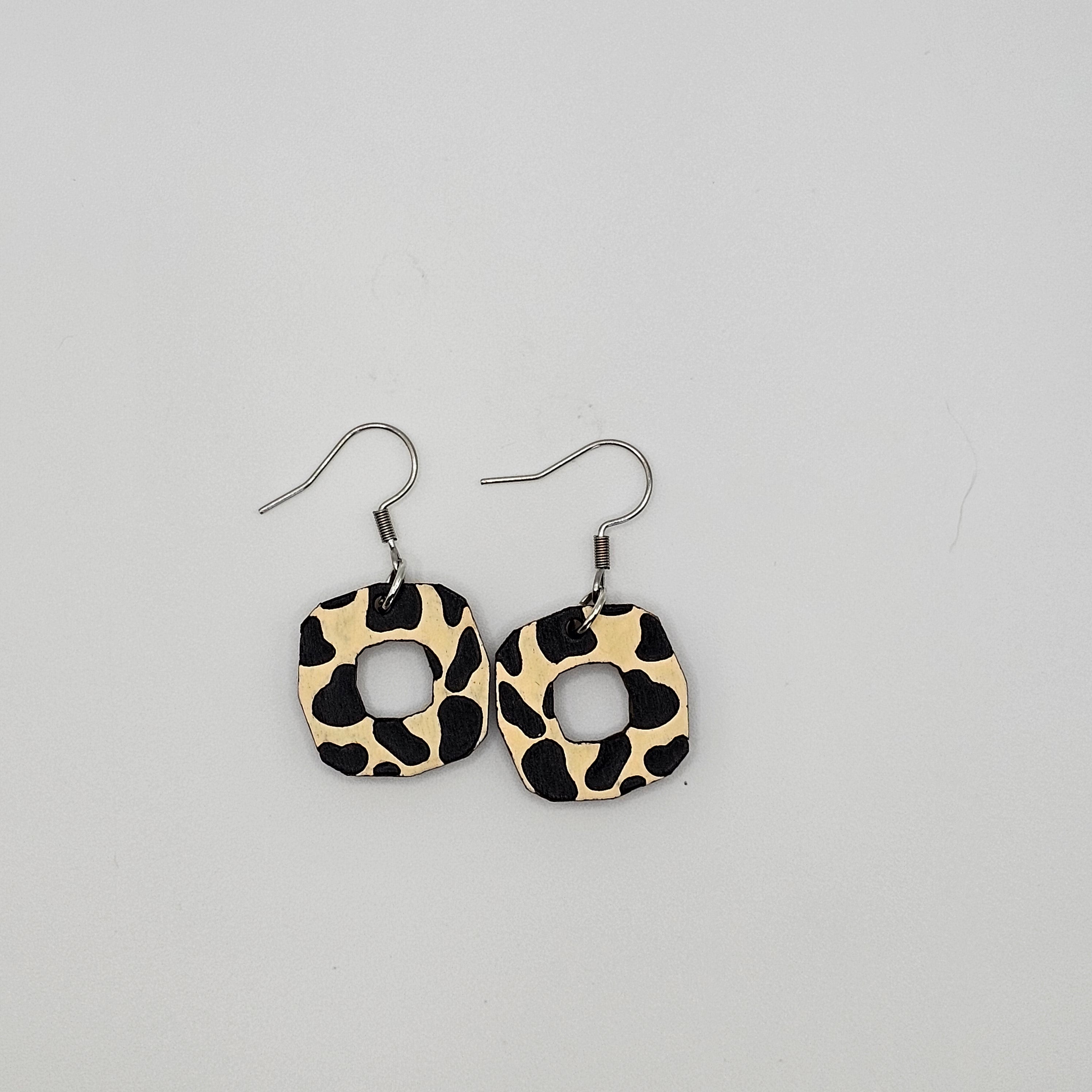 Spotted Cow Square Dangle Earrings | Hand-Painted | Surgical Steel - DEHPP97