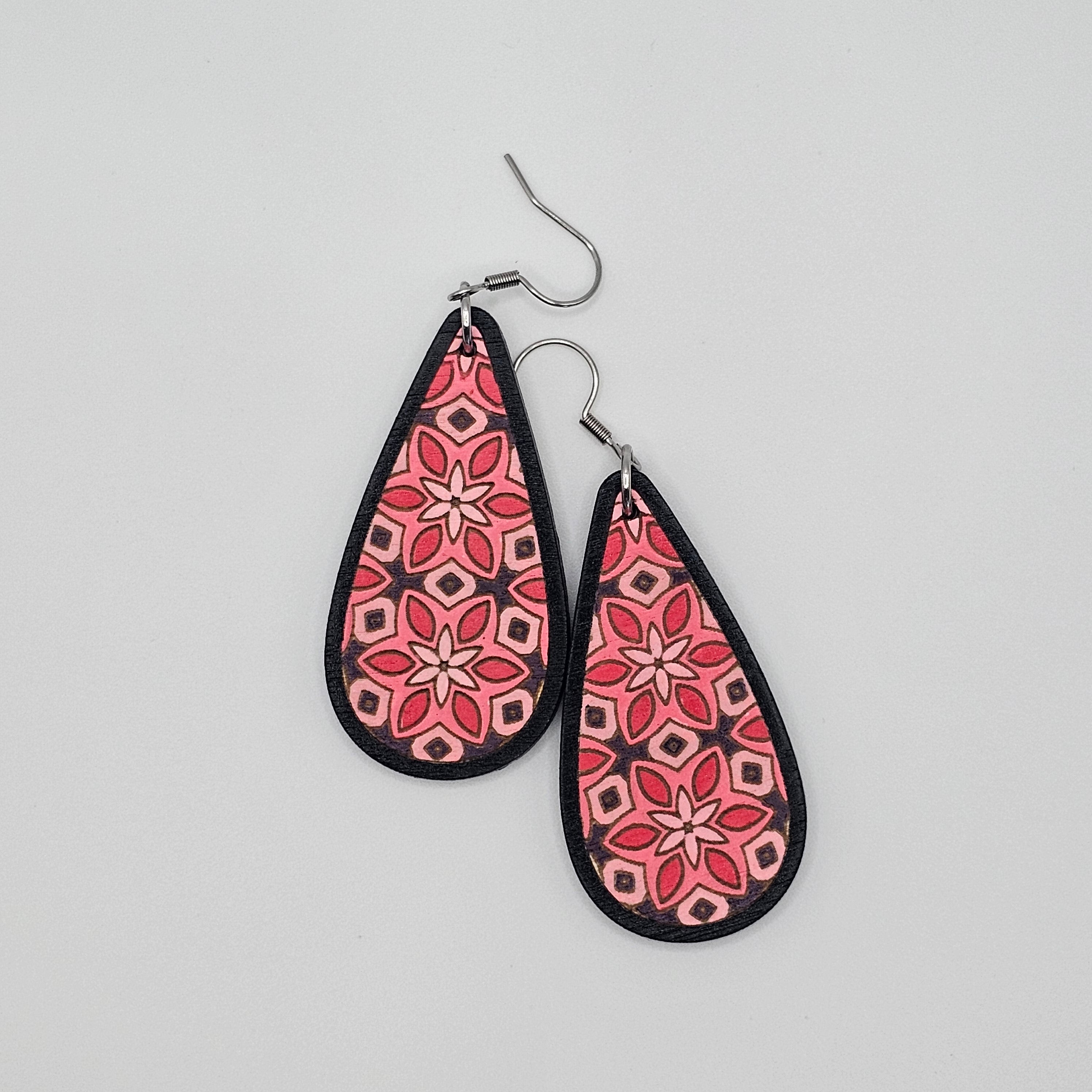 Pink Blossom Teardrop Dangle Earrings | Laser Engraved Wood | Surgical Steel - DEHSC10-B