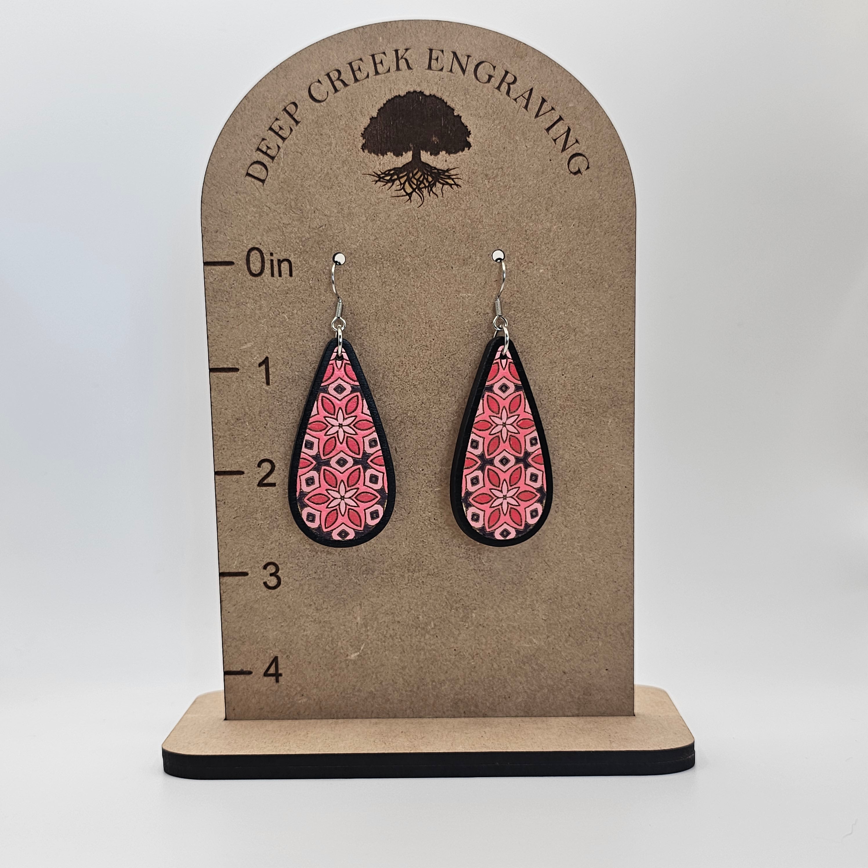 Pink Blossom Teardrop Dangle Earrings | Laser Engraved Wood | Surgical Steel - DEHSC10-B