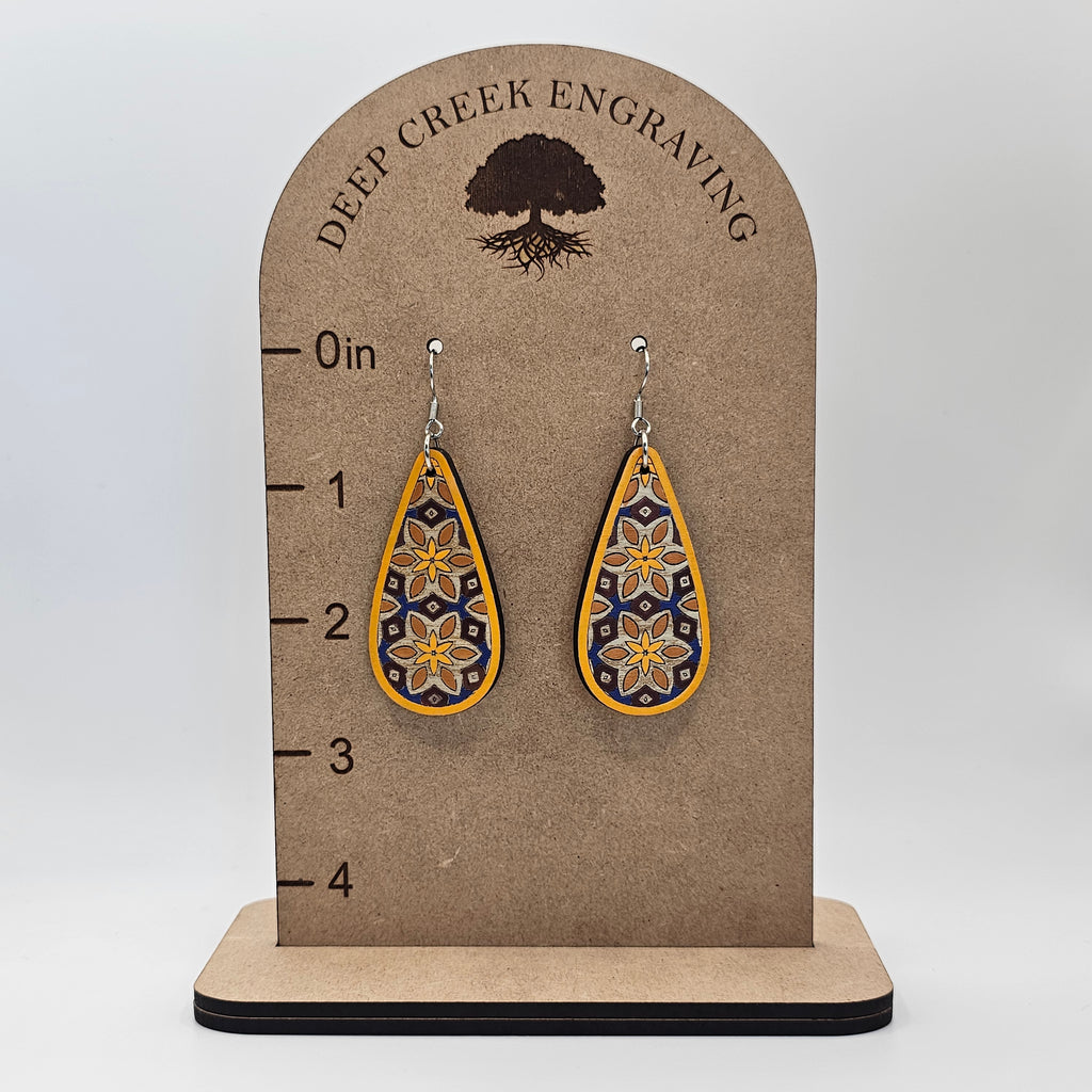 Sunburst Garden Teardrop Dangle Earrings | Laser Engraved Wood | Surgical Steel - DEHSC10-GP