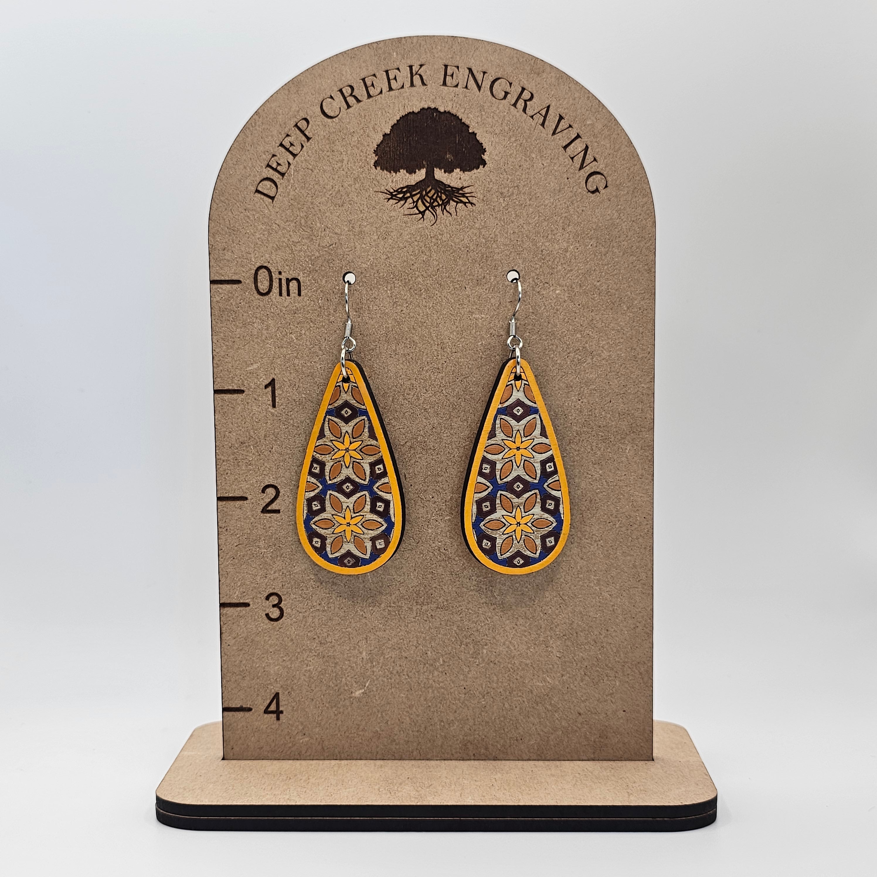 Sunburst Garden Teardrop Dangle Earrings | Laser Engraved Wood | Surgical Steel - DEHSC10-GP