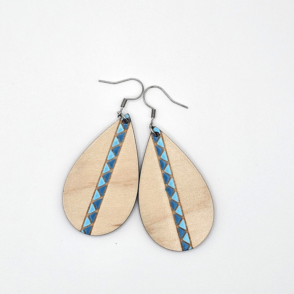 Turquoise Stripe Teardrop Dangle Earrings | Laser Engraved Wood | Surgical Steel - DEHSC11-BS