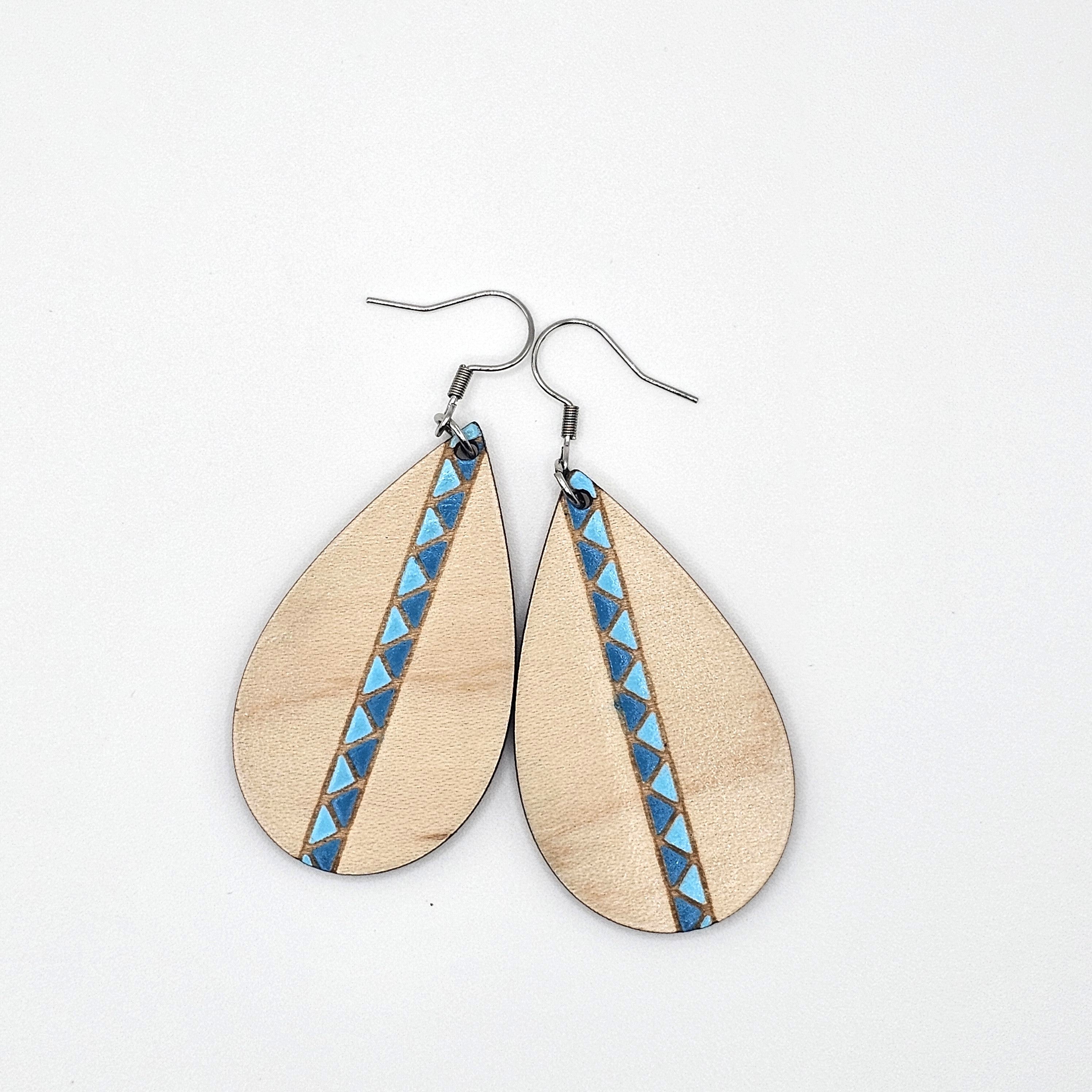 Turquoise Stripe Teardrop Dangle Earrings | Laser Engraved Wood | Surgical Steel - DEHSC11-BS