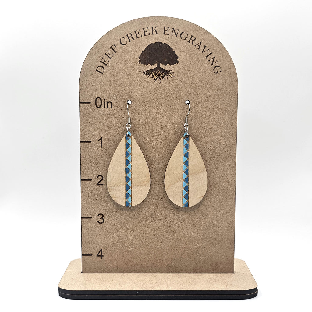 Turquoise Stripe Teardrop Dangle Earrings | Laser Engraved Wood | Surgical Steel - DEHSC11-BS