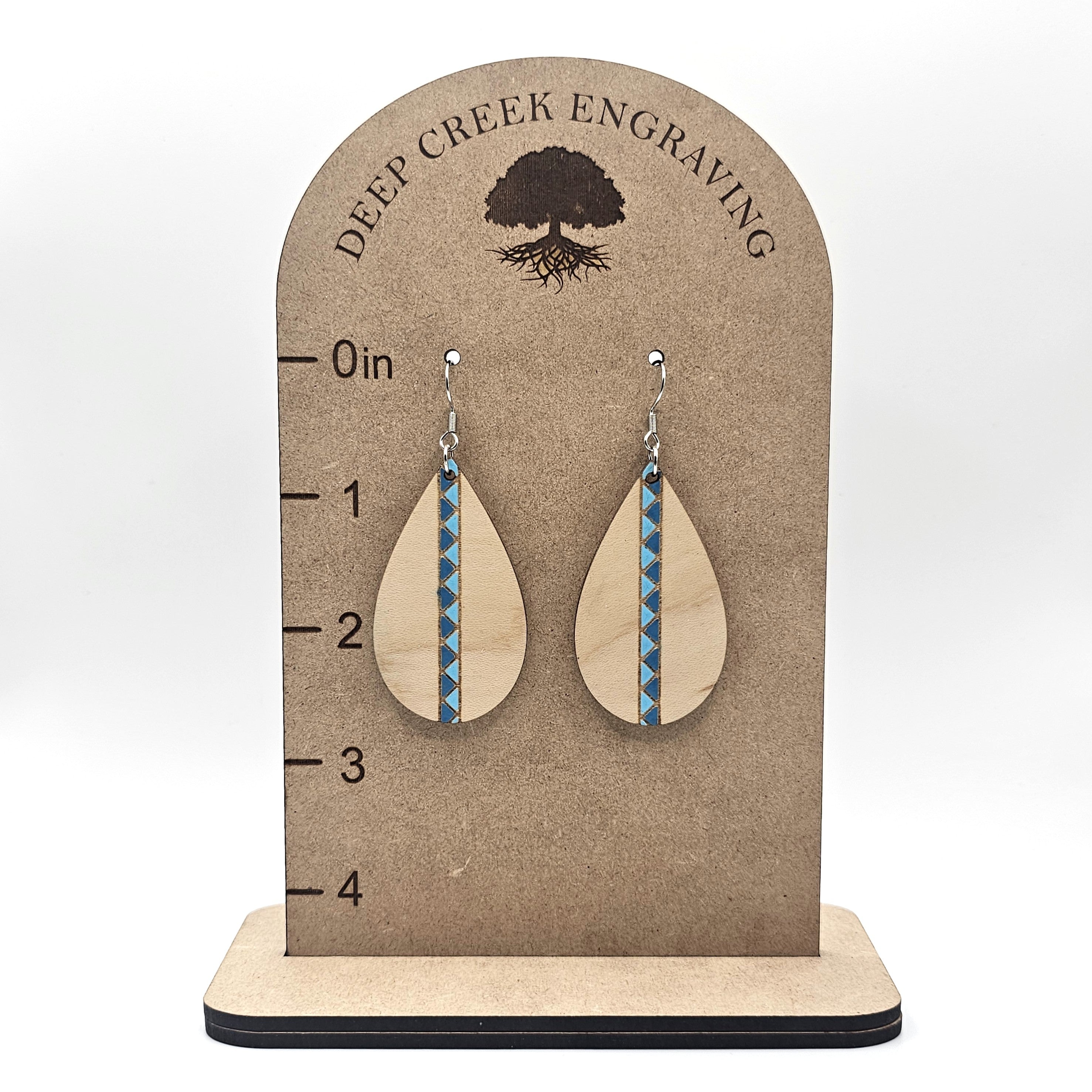 Turquoise Stripe Teardrop Dangle Earrings | Laser Engraved Wood | Surgical Steel - DEHSC11-BS
