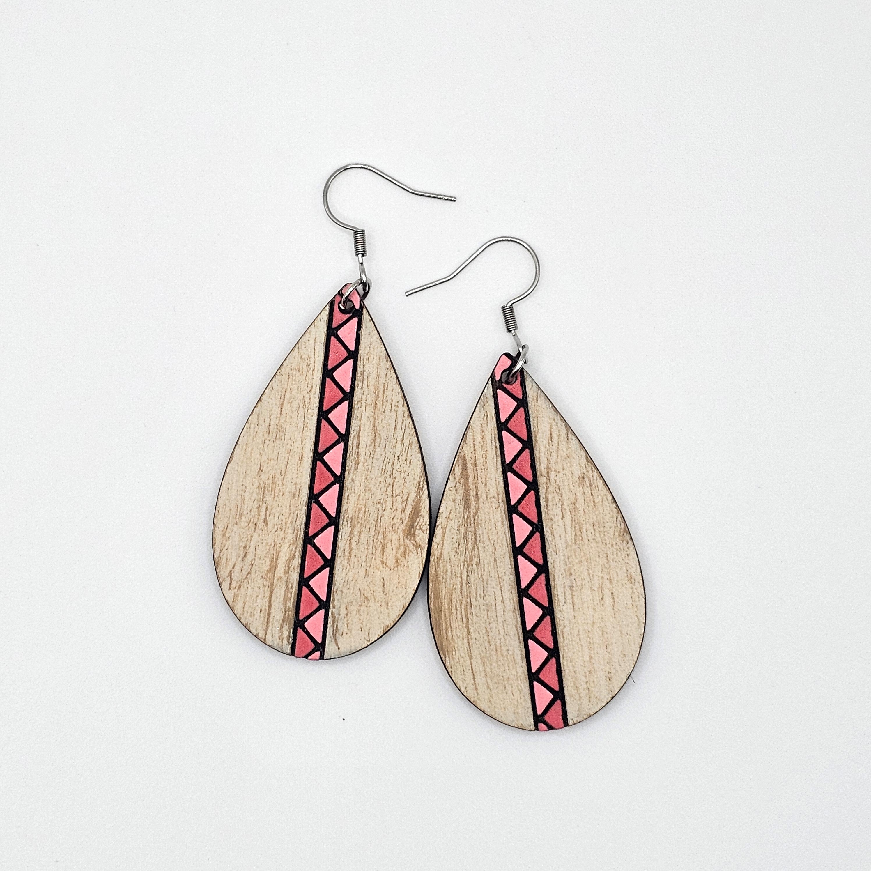 Natural Wood Coral Stripe Teardrop Dangle Earrings | Laser Engraved Wood | Surgical Steel - DEHSC11-PR