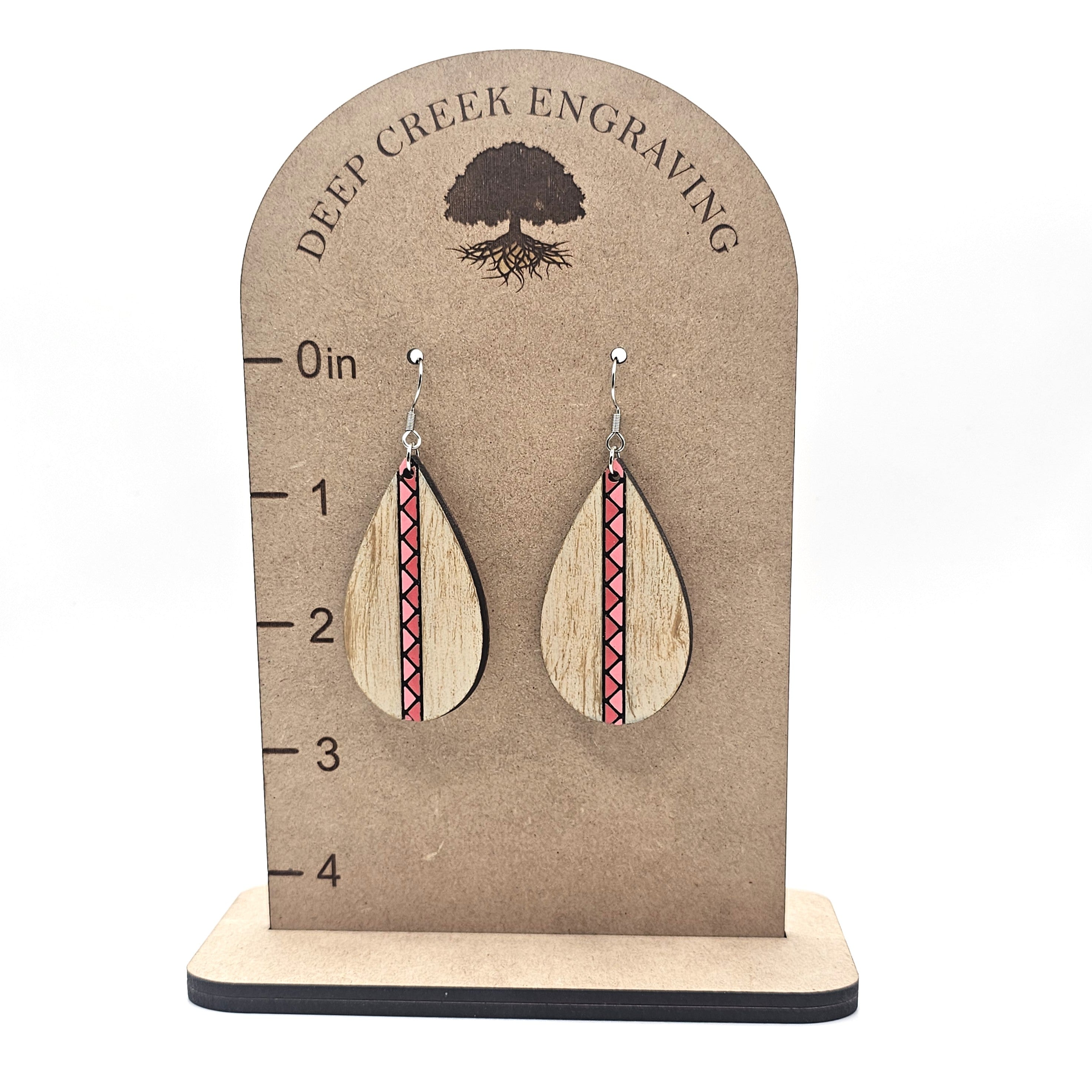 Natural Wood Coral Stripe Teardrop Dangle Earrings | Laser Engraved Wood | Surgical Steel - DEHSC11-PR