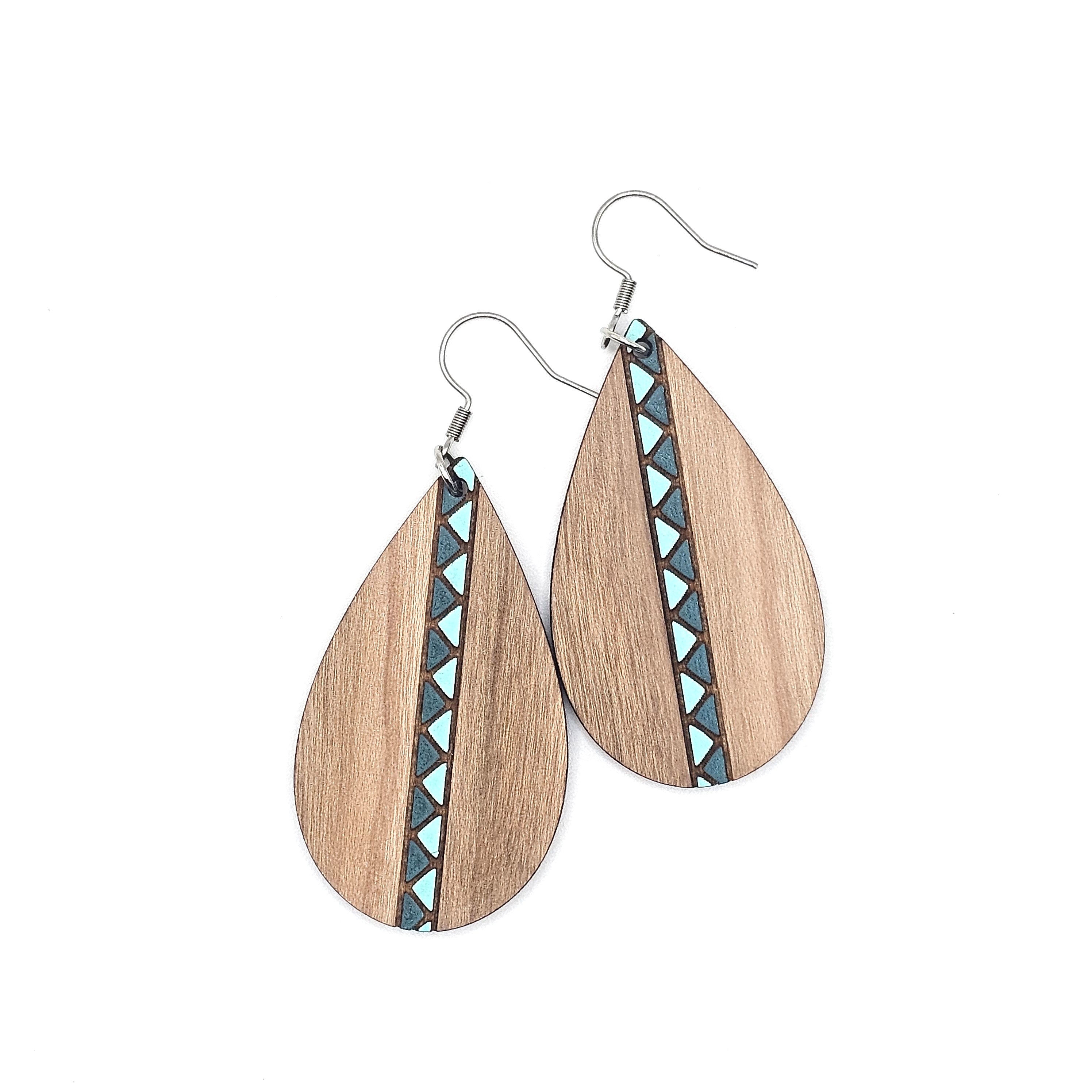 Walnut Turquoise Stripe Teardrop Dangle Earrings | Laser Engraved Wood | Surgical Steel - DEHSC11-WBS