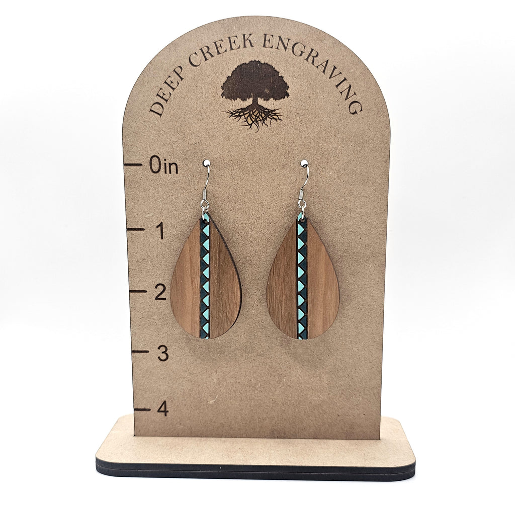 Walnut Turquoise Stripe Teardrop Dangle Earrings | Laser Engraved Wood | Surgical Steel - DEHSC11-WBS