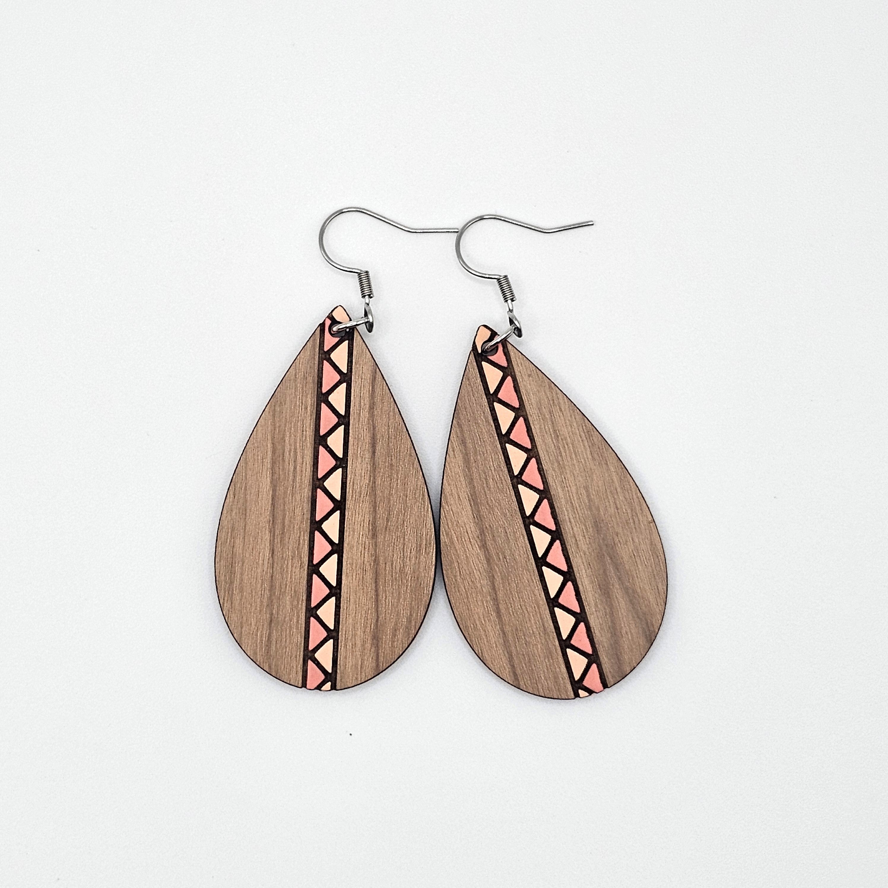 Walnut Coral Stripe Teardrop Dangle Earrings | Laser Engraved Wood | Surgical Steel - DEHSC11-WSW