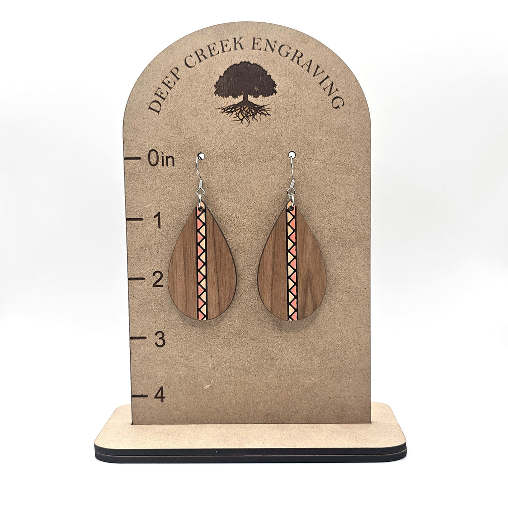 Walnut Coral Stripe Teardrop Dangle Earrings | Laser Engraved Wood | Surgical Steel - DEHSC11-WSW
