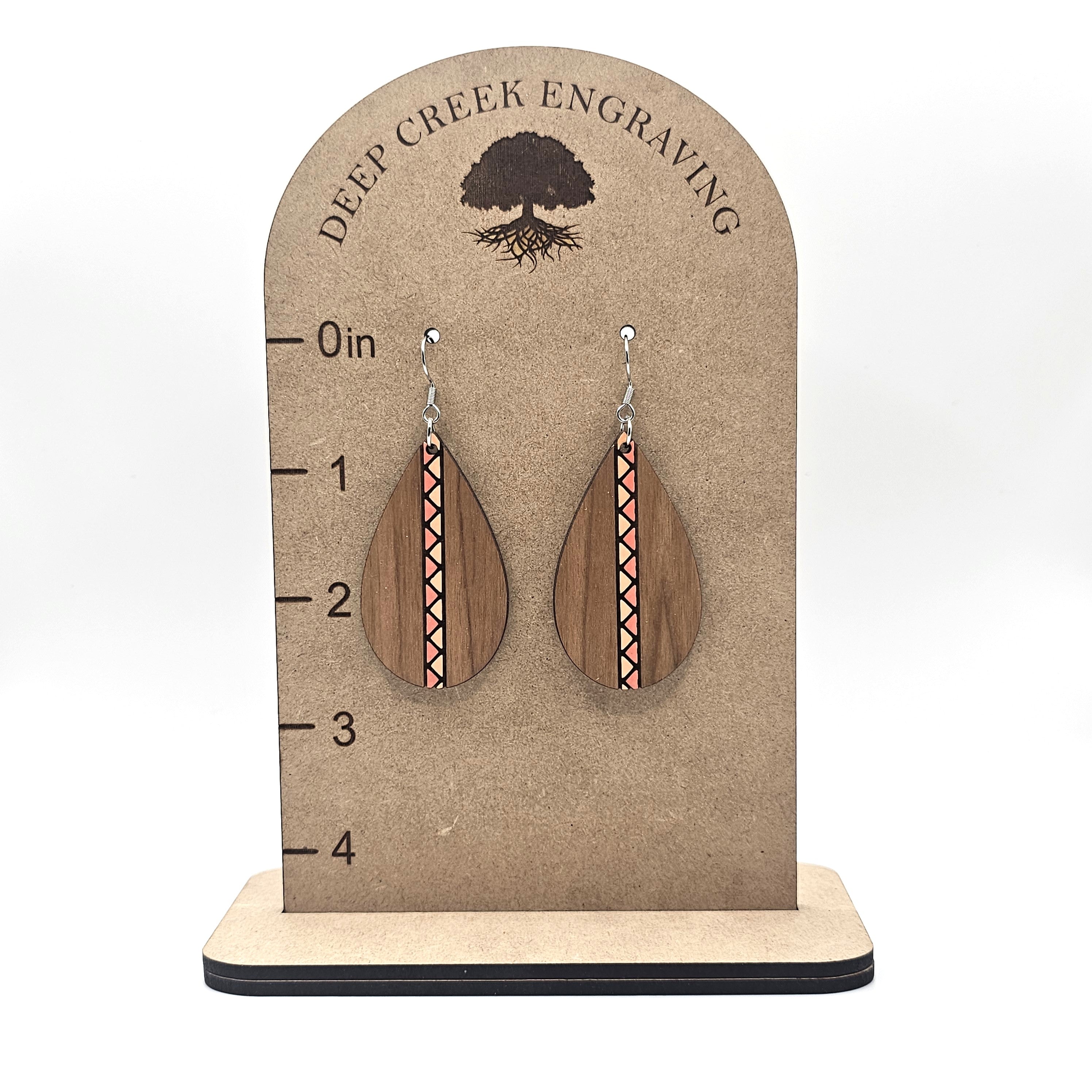Walnut Coral Stripe Teardrop Dangle Earrings | Laser Engraved Wood | Surgical Steel - DEHSC11-WSW