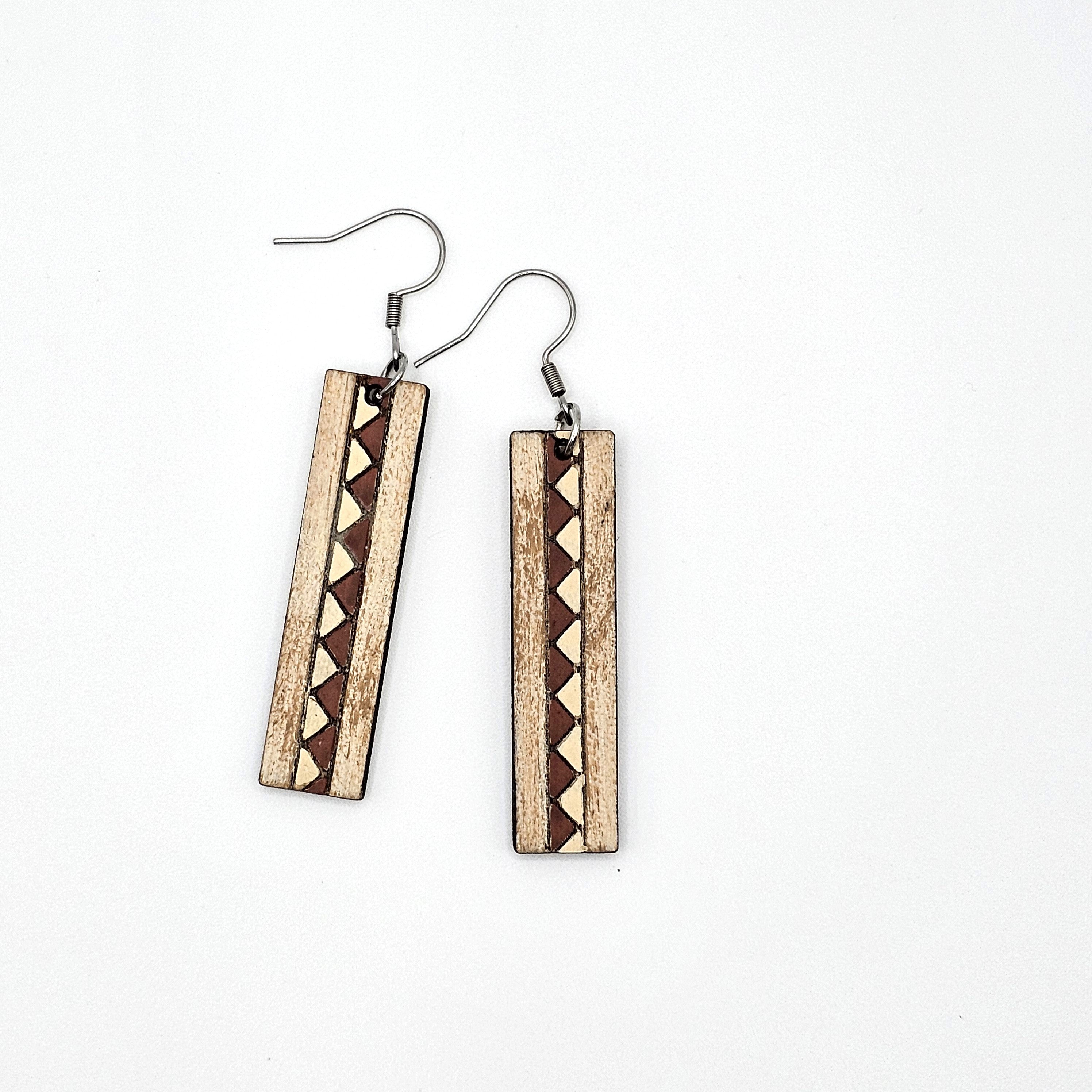 Desert Trail Geometric Dangle Earrings | Laser Engraved Wood | Surgical Steel - DEHSC12