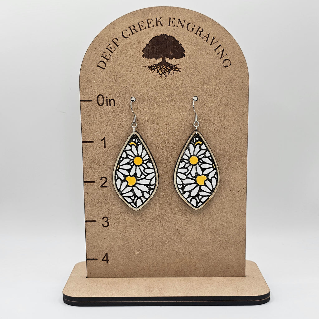 Daisy Bloom Drop Dangle Earrings | Laser Engraved Wood | Surgical Steel - DEHSC2