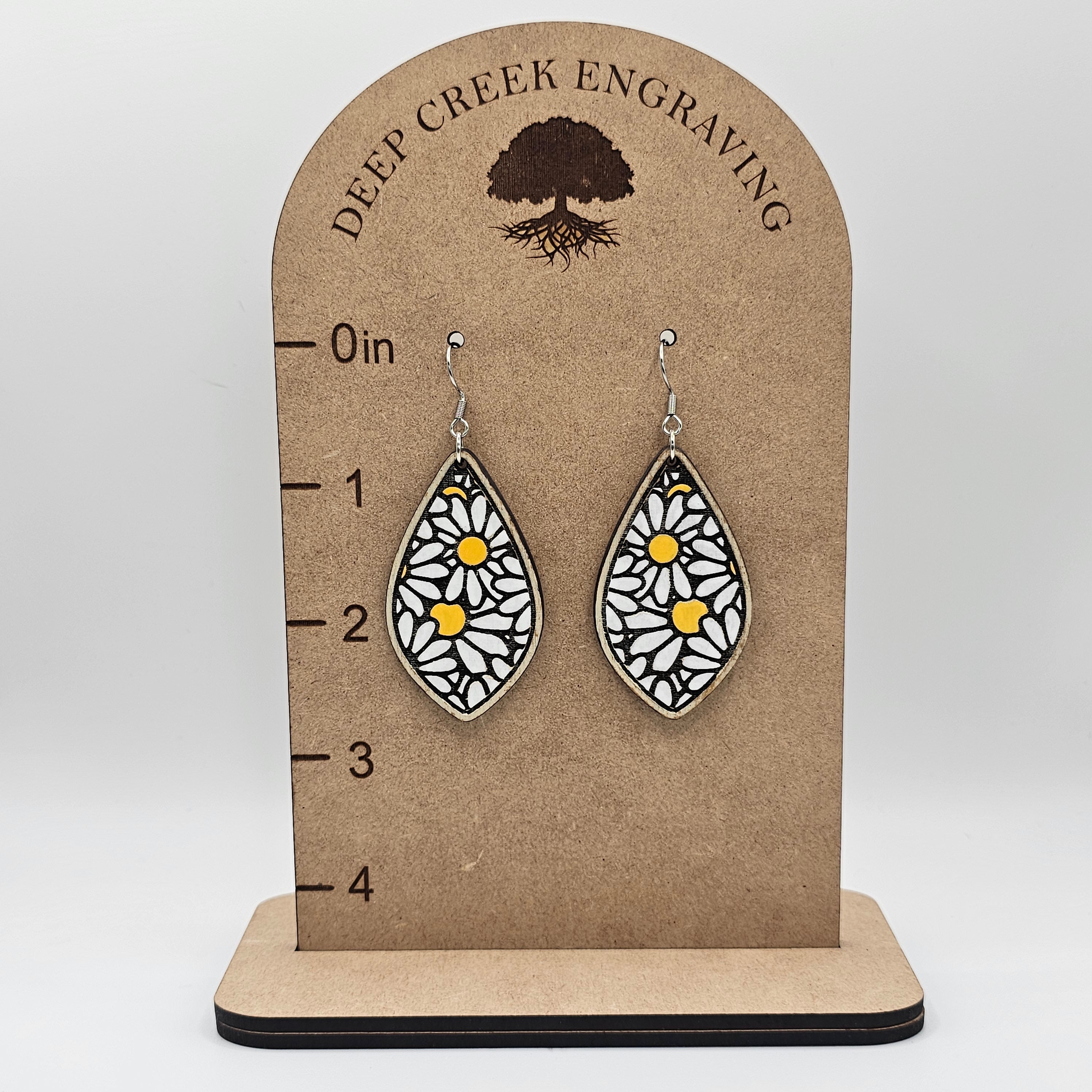 Daisy Bloom Drop Dangle Earrings | Laser Engraved Wood | Surgical Steel - DEHSC2