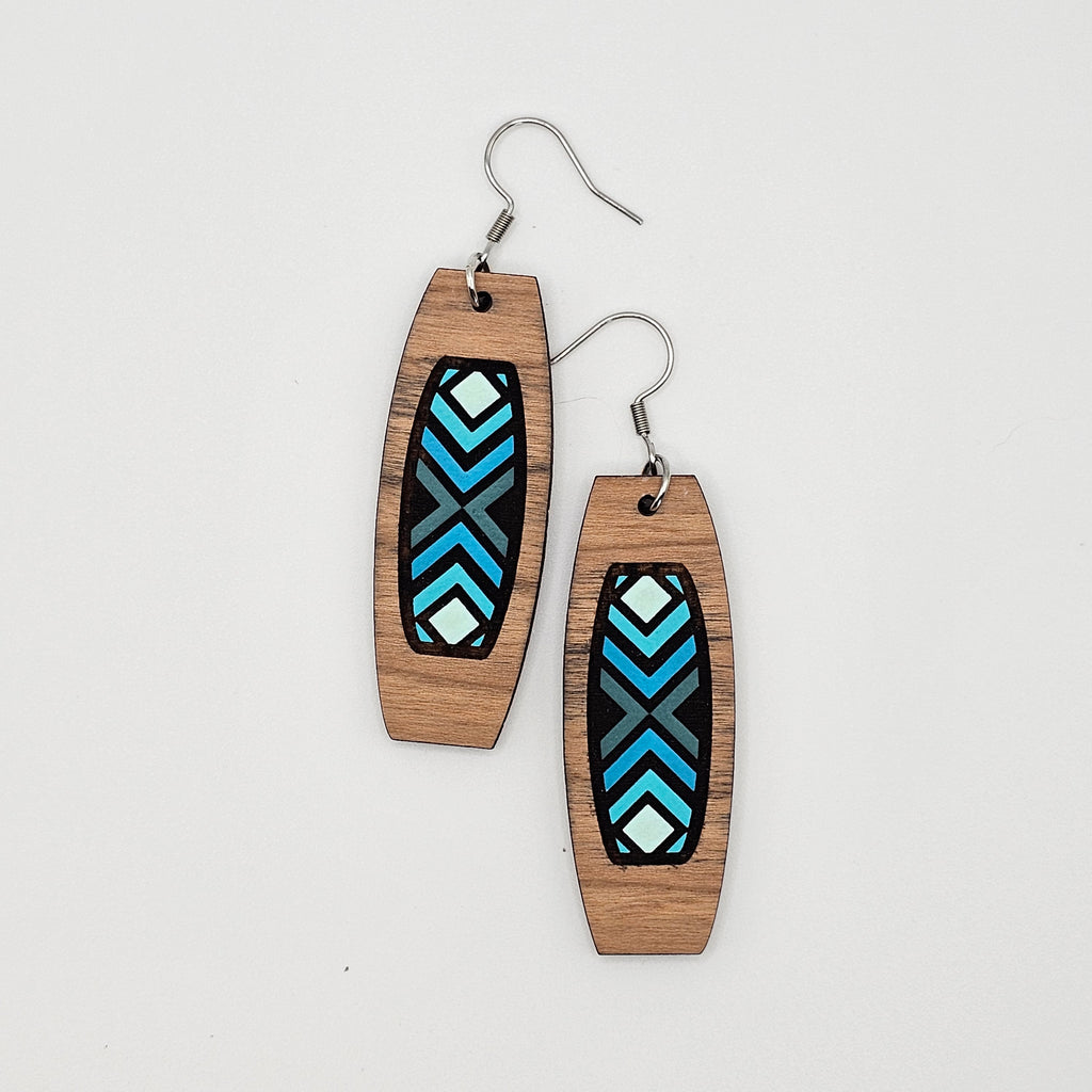 Blue Geometric Column Dangle Earrings | Laser Engraved Wood | Surgical Steel - DEHSC4-OS