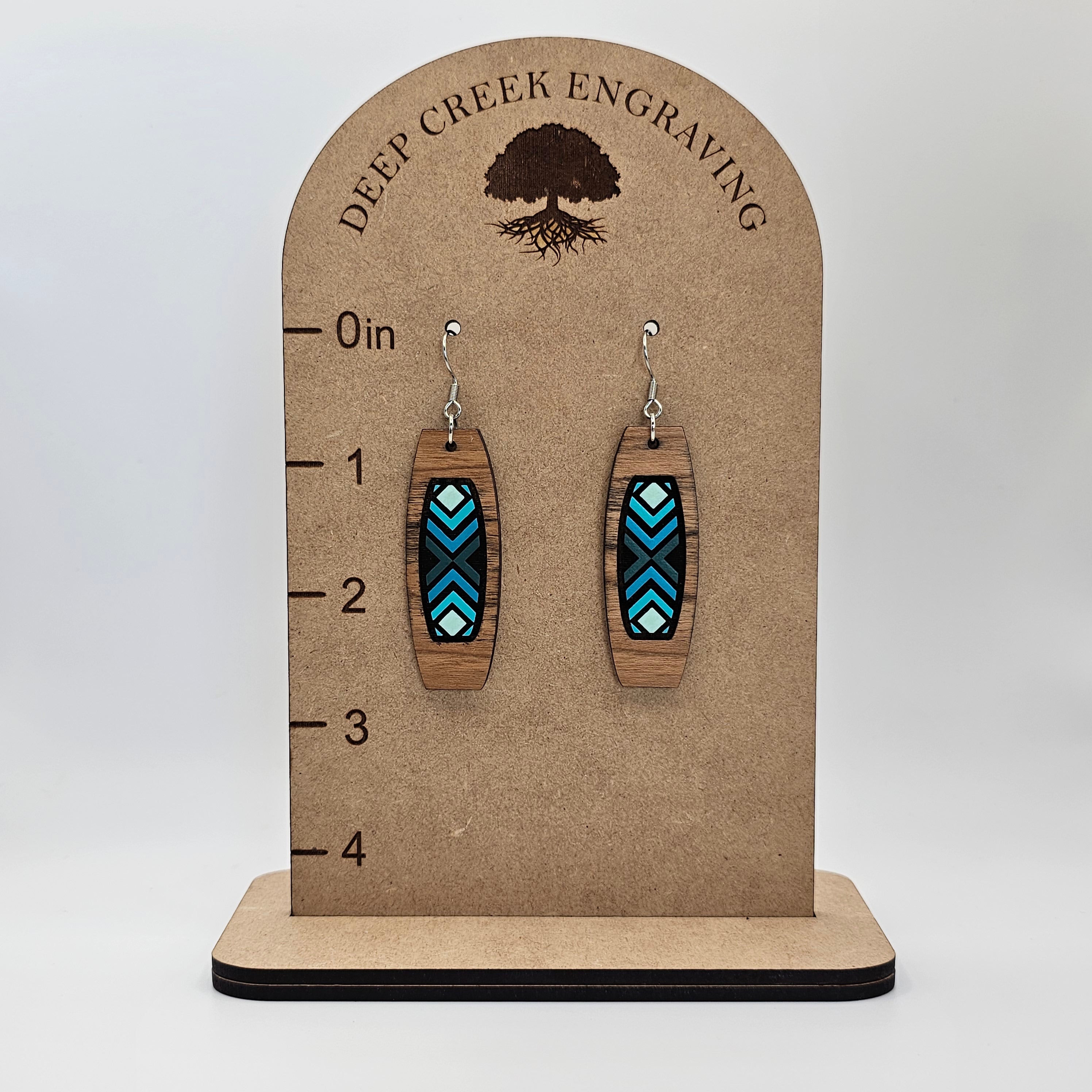 Blue Geometric Column Dangle Earrings | Laser Engraved Wood | Surgical Steel - DEHSC4-OS