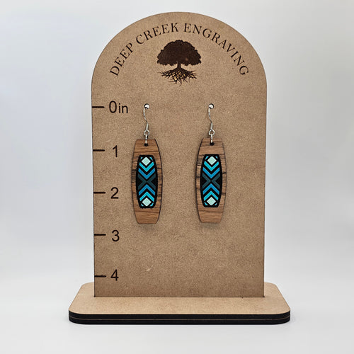 Blue Geometric Column Dangle Earrings | Laser Engraved Wood | Surgical Steel - DEHSC4-OS