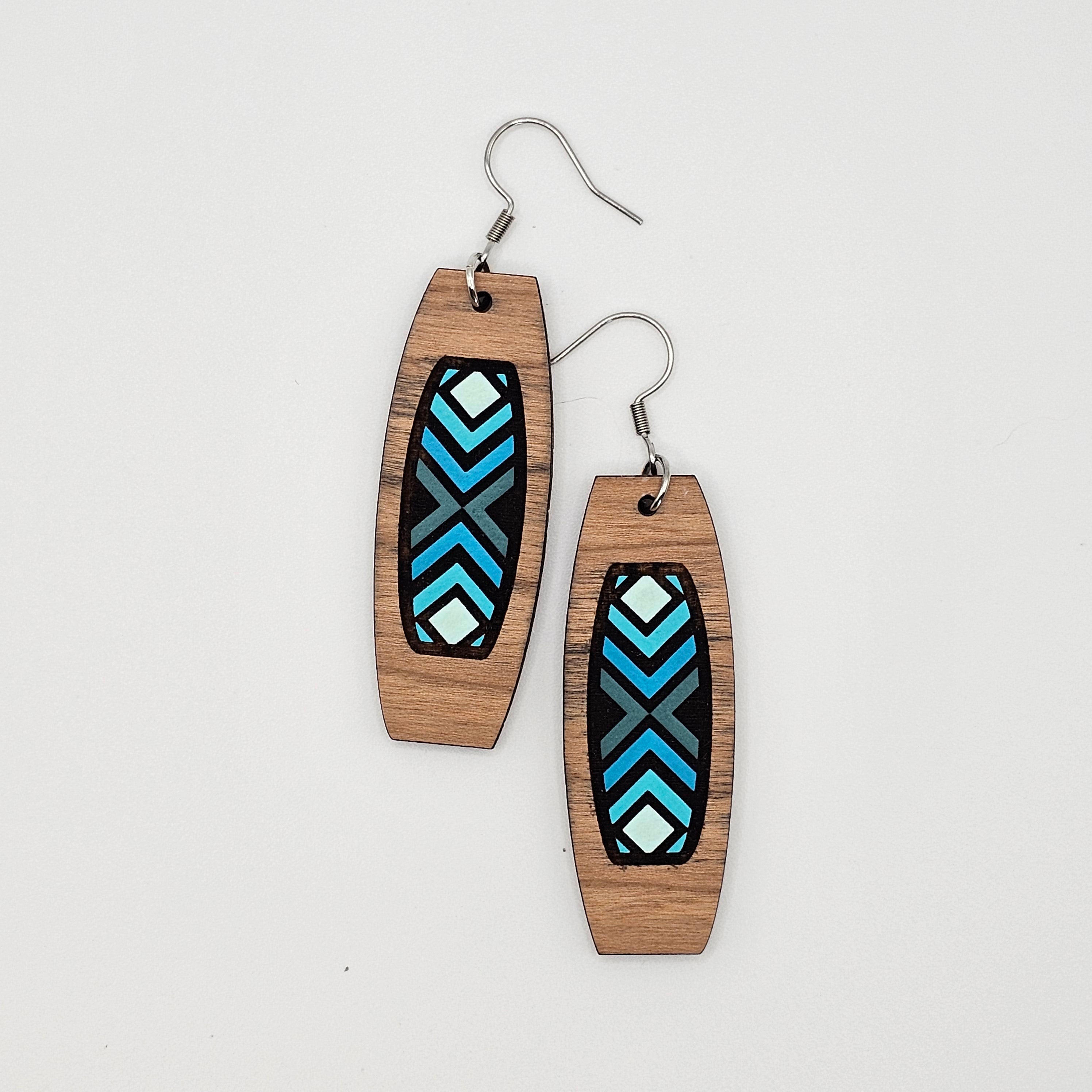 Blue Geometric Column Dangle Earrings | Laser Engraved Wood | Surgical Steel - DEHSC4-OS