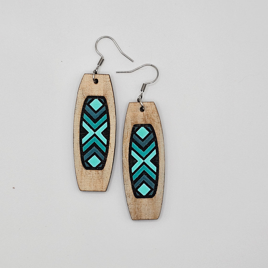 Turquoise Geometric Column Dangle Earrings | Laser Engraved Wood | Surgical Steel - DEHSC4-T