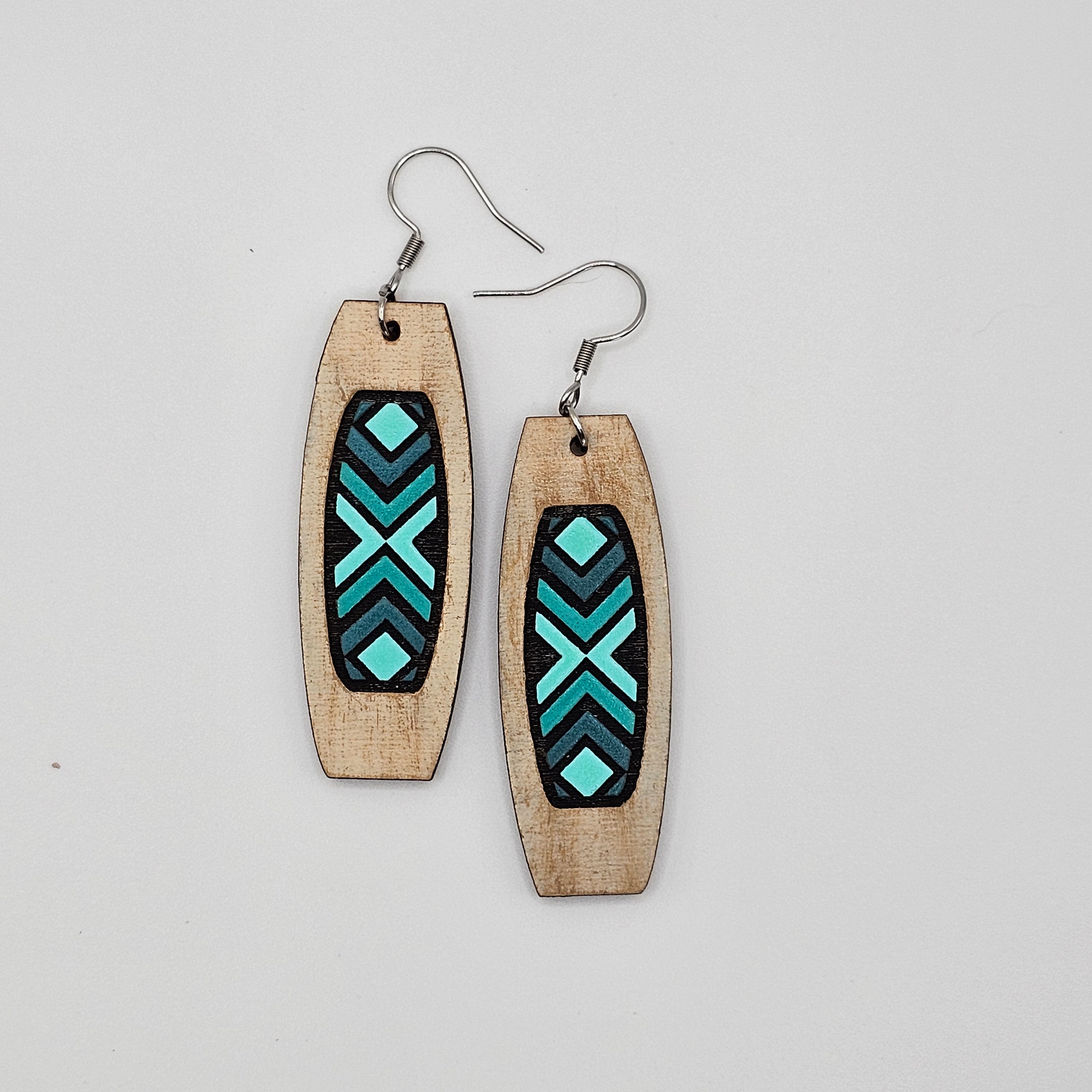 Turquoise Geometric Column Dangle Earrings | Laser Engraved Wood | Surgical Steel - DEHSC4-T