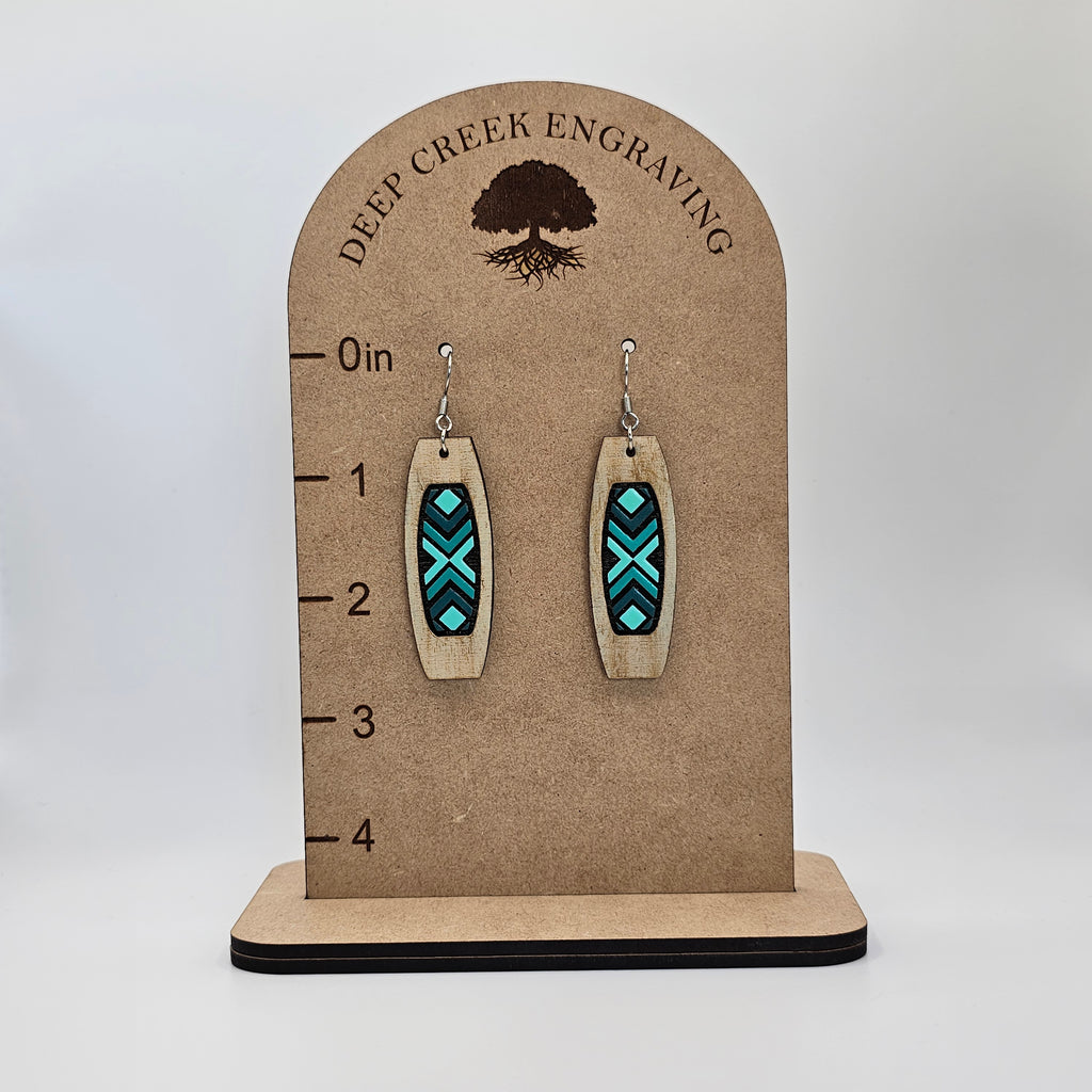 Turquoise Geometric Column Dangle Earrings | Laser Engraved Wood | Surgical Steel - DEHSC4-T